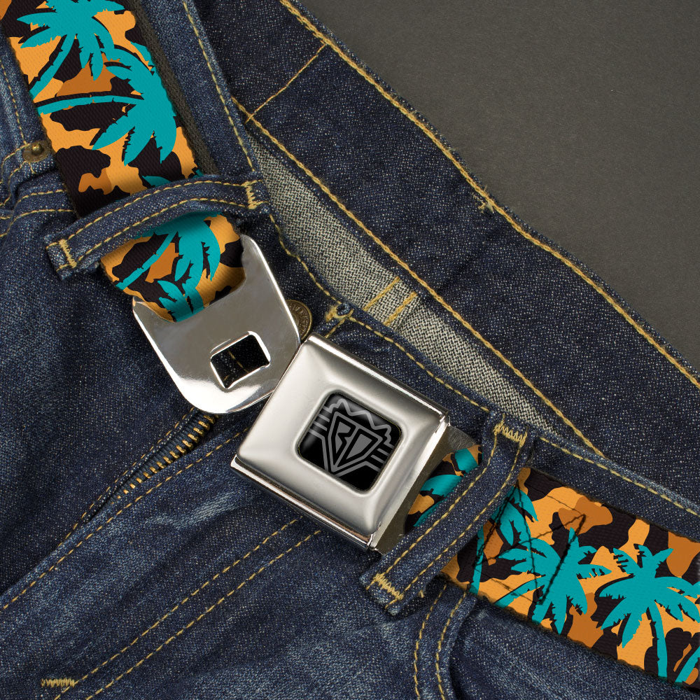 BD Wings Logo CLOSE-UP Black/Silver Seatbelt Belt - Palm Tree Silhouette Leopard Brown/Turquoise Webbing Seatbelt Belts Buckle-Down