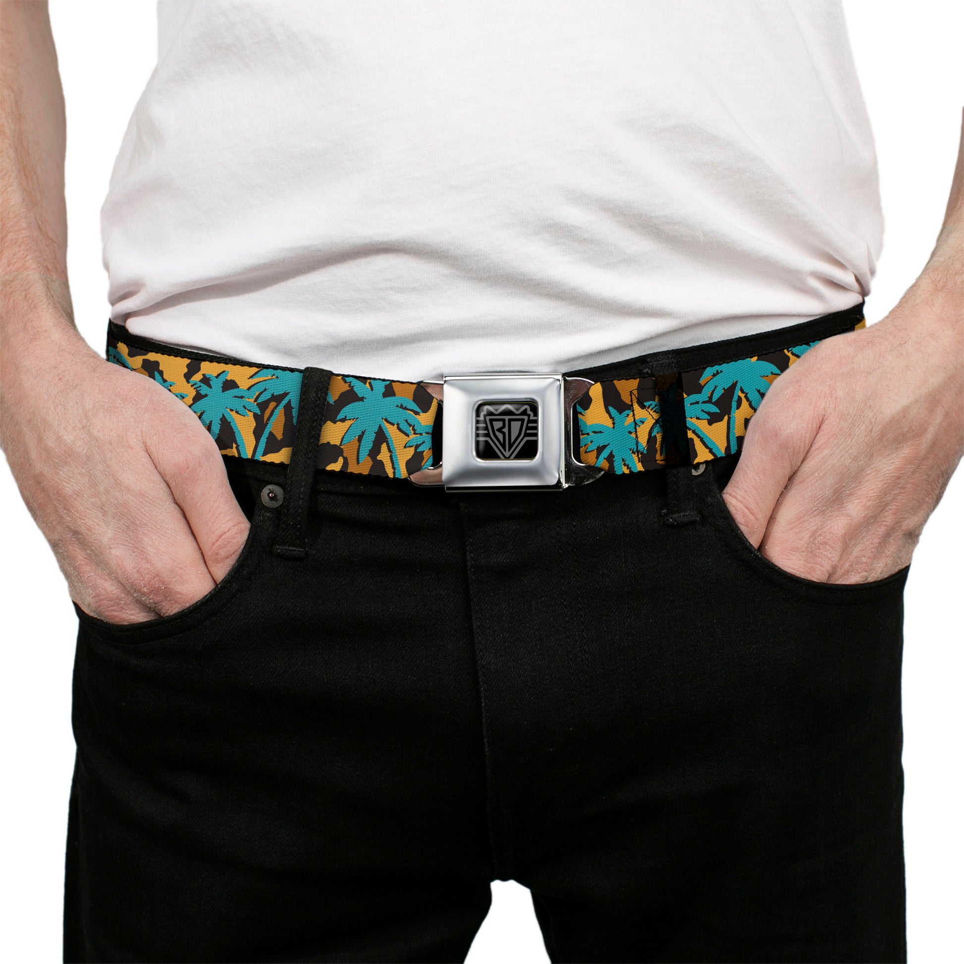BD Wings Logo CLOSE-UP Black/Silver Seatbelt Belt - Palm Tree Silhouette Leopard Brown/Turquoise Webbing Seatbelt Belts Buckle-Down