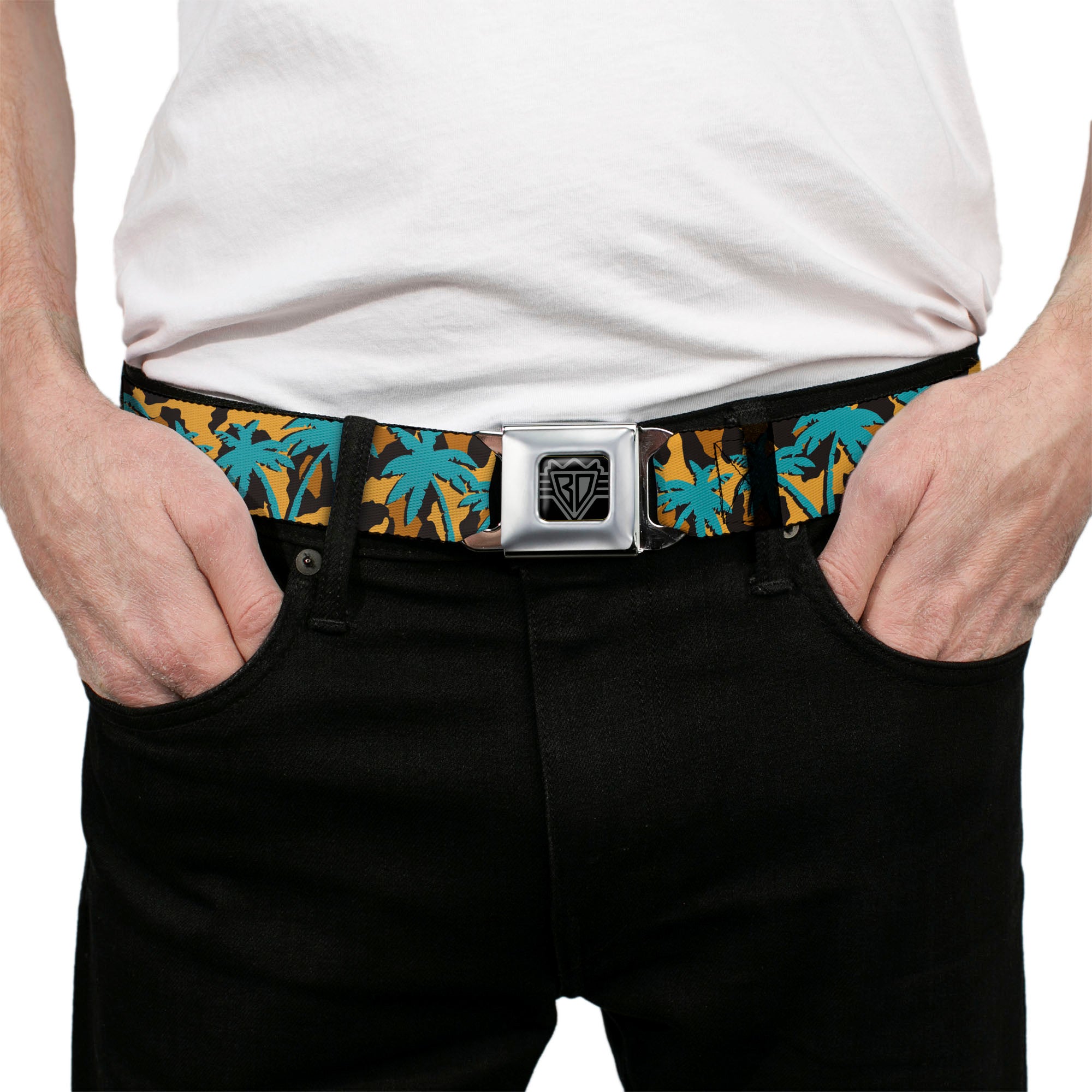 BD Wings Logo CLOSE-UP Black/Silver Seatbelt Belt - Palm Tree Silhouette Leopard Brown/Turquoise Webbing Seatbelt Belts Buckle-Down