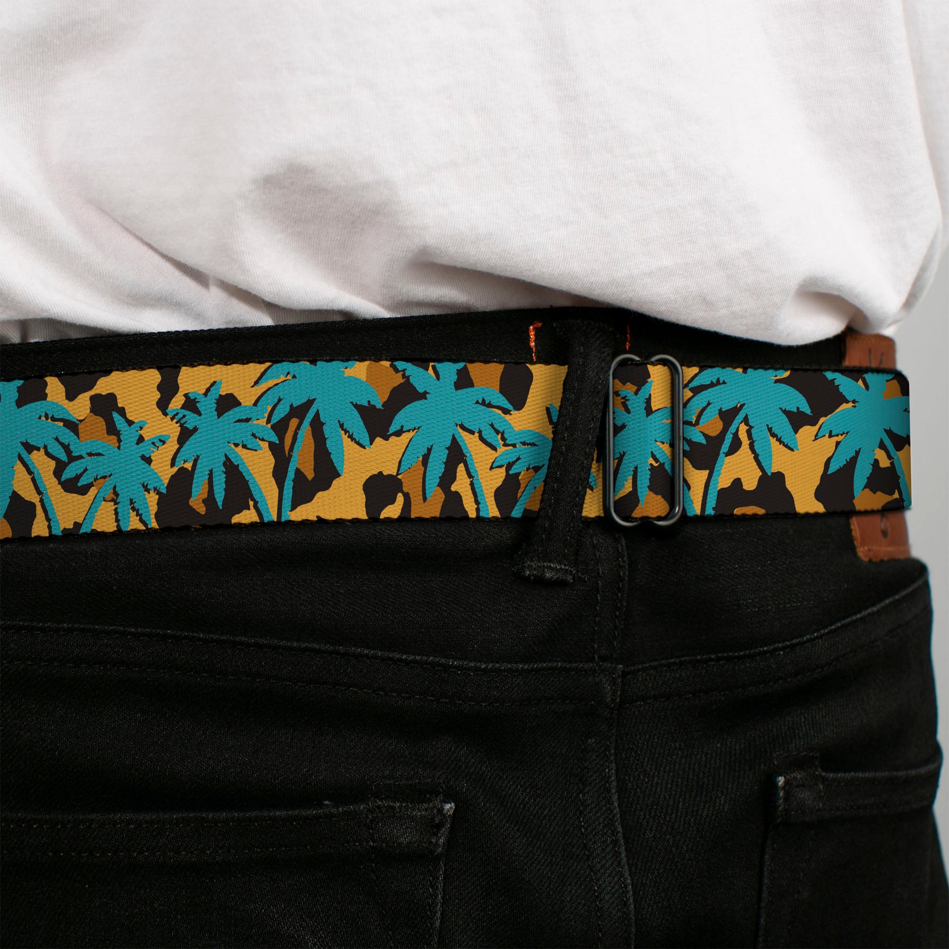 BD Wings Logo CLOSE-UP Black/Silver Seatbelt Belt - Palm Tree Silhouette Leopard Brown/Turquoise Webbing Seatbelt Belts Buckle-Down