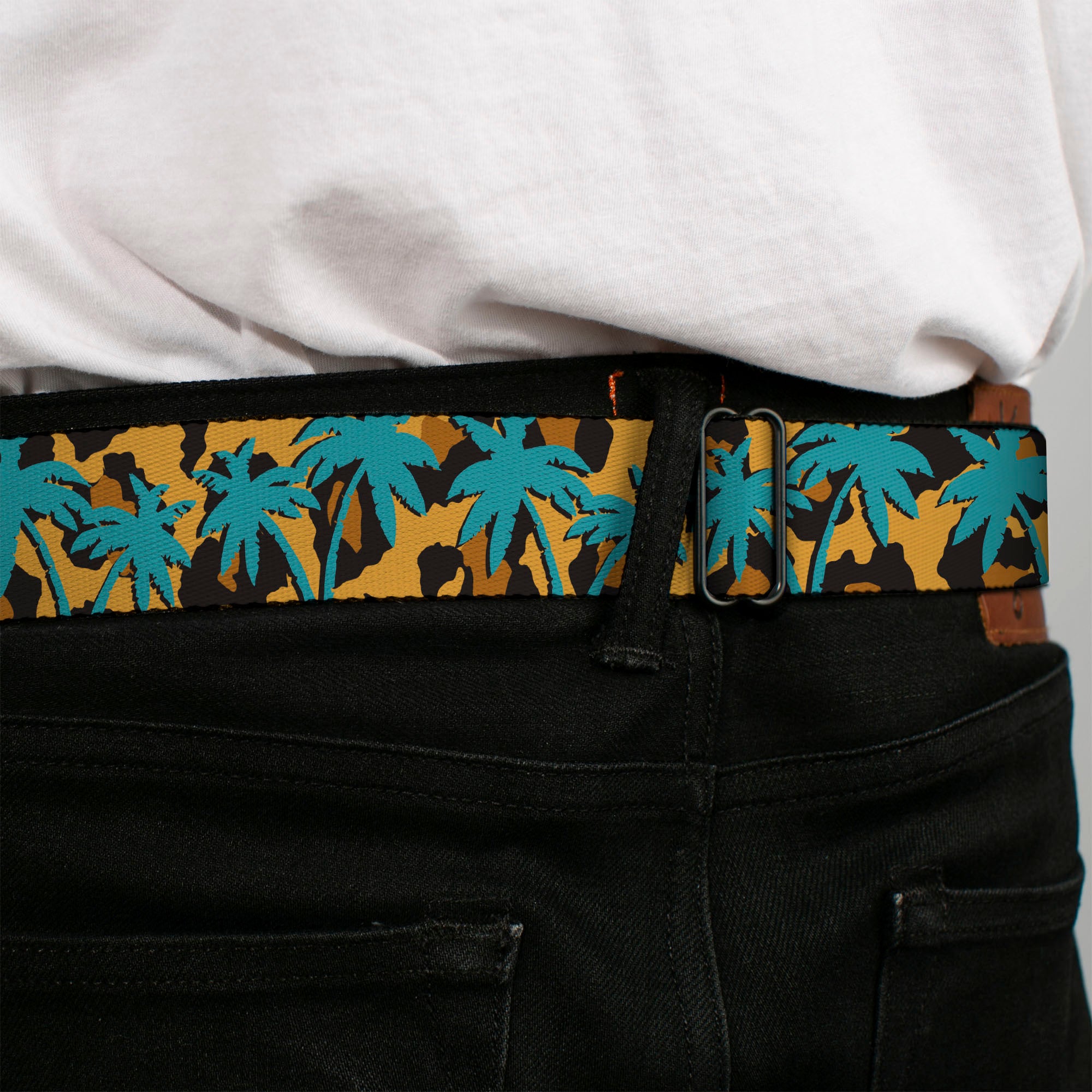 BD Wings Logo CLOSE-UP Black/Silver Seatbelt Belt - Palm Tree Silhouette Leopard Brown/Turquoise Webbing Seatbelt Belts Buckle-Down