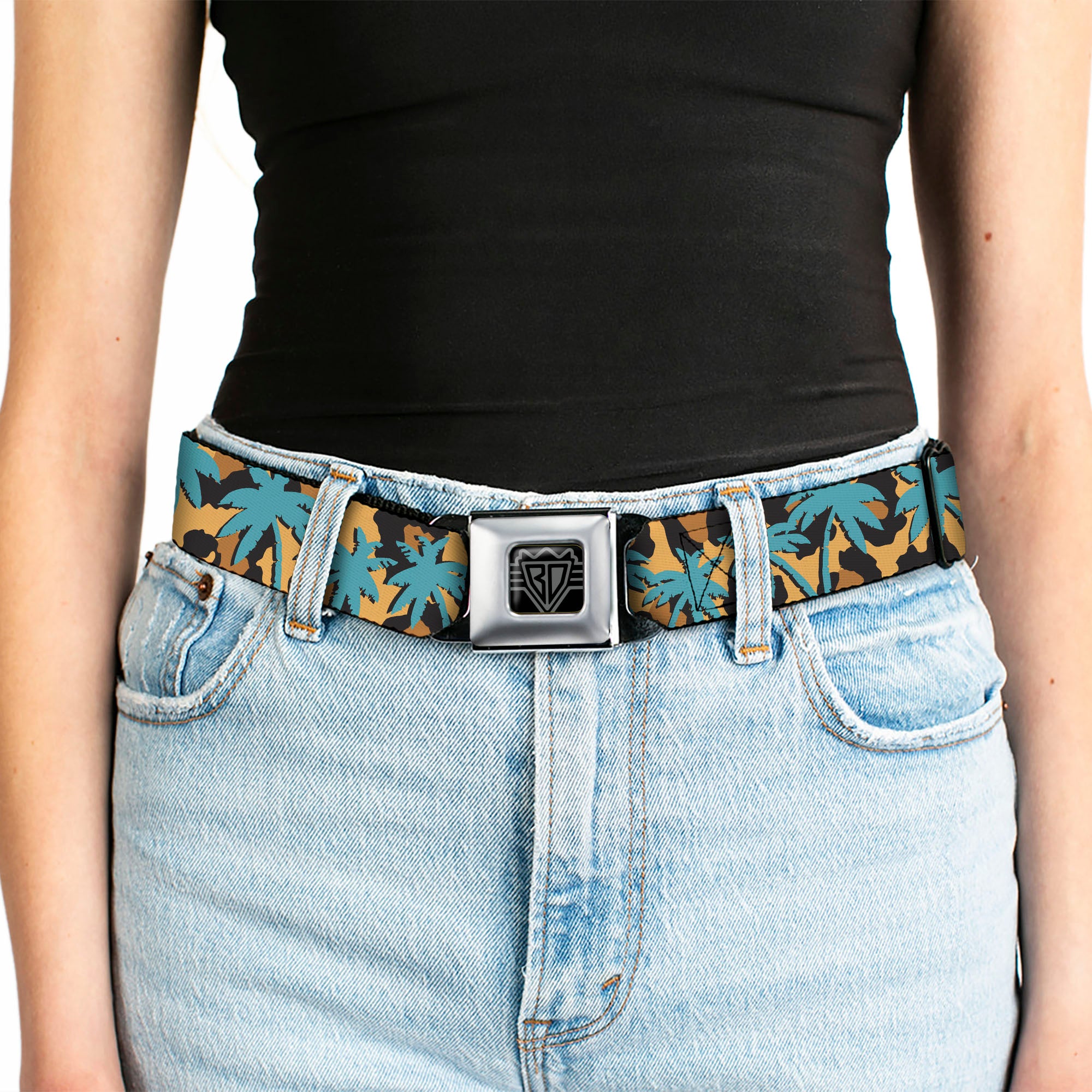 BD Wings Logo CLOSE-UP Black/Silver Seatbelt Belt - Palm Tree Silhouette Leopard Brown/Turquoise Webbing Seatbelt Belts Buckle-Down