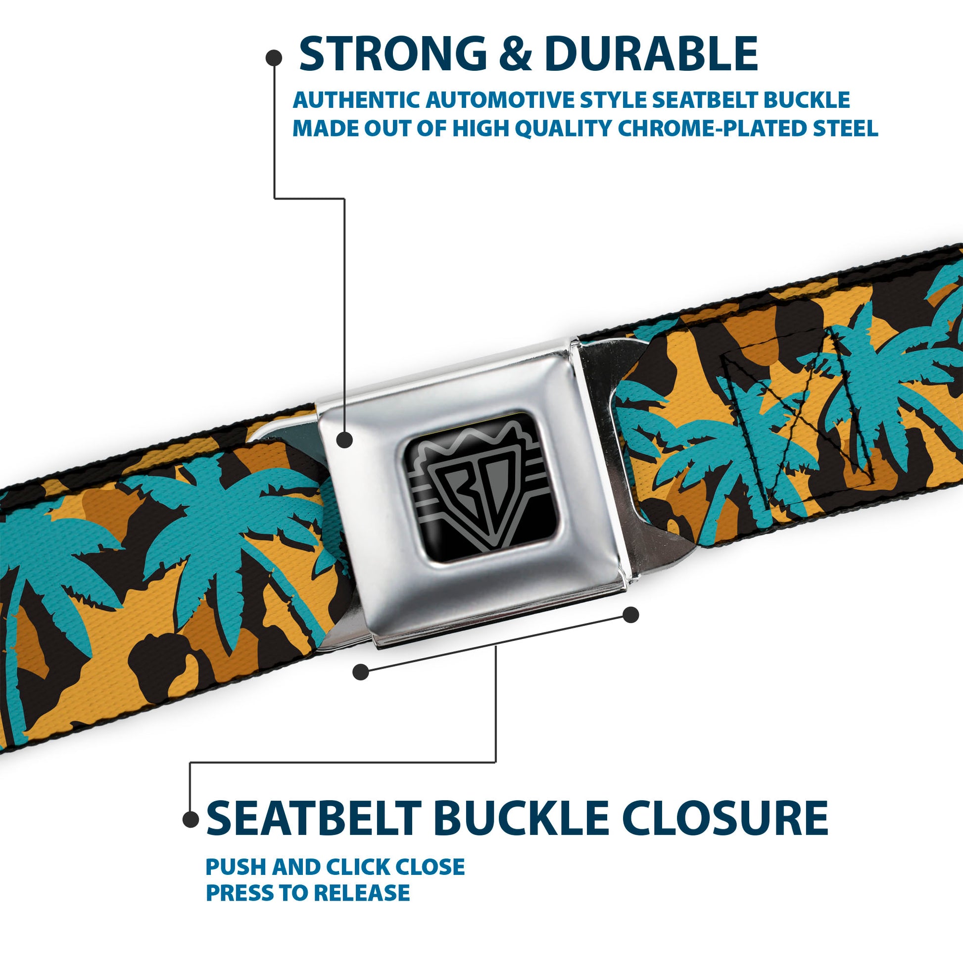 BD Wings Logo CLOSE-UP Black/Silver Seatbelt Belt - Palm Tree Silhouette Leopard Brown/Turquoise Webbing Seatbelt Belts Buckle-Down