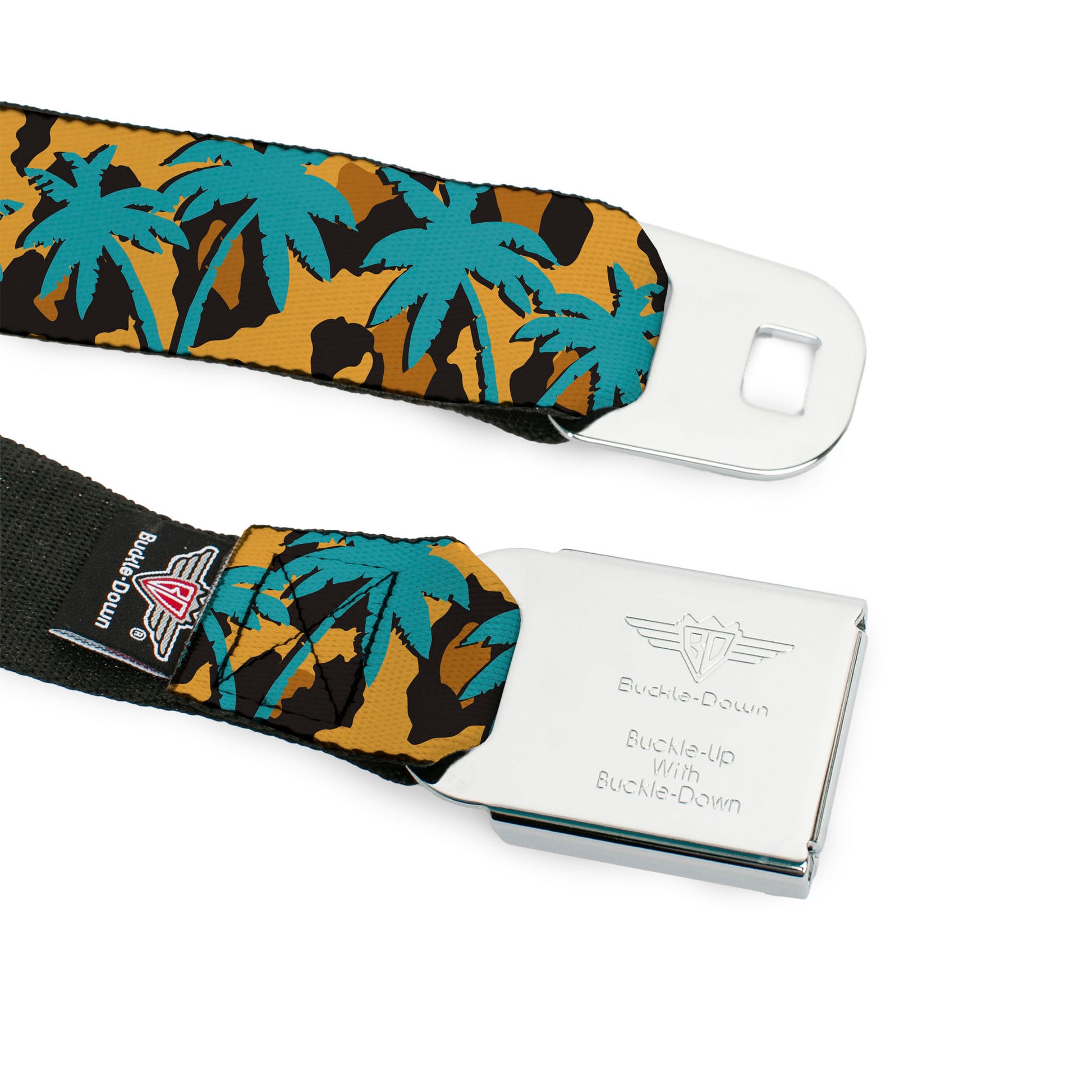 BD Wings Logo CLOSE-UP Black/Silver Seatbelt Belt - Palm Tree Silhouette Leopard Brown/Turquoise Webbing Seatbelt Belts Buckle-Down