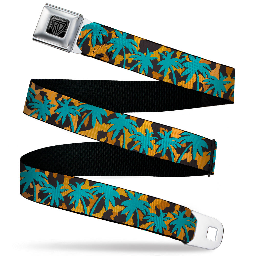 BD Wings Logo CLOSE-UP Black/Silver Seatbelt Belt - Palm Tree Silhouette Leopard Brown/Turquoise Webbing Seatbelt Belts Buckle-Down