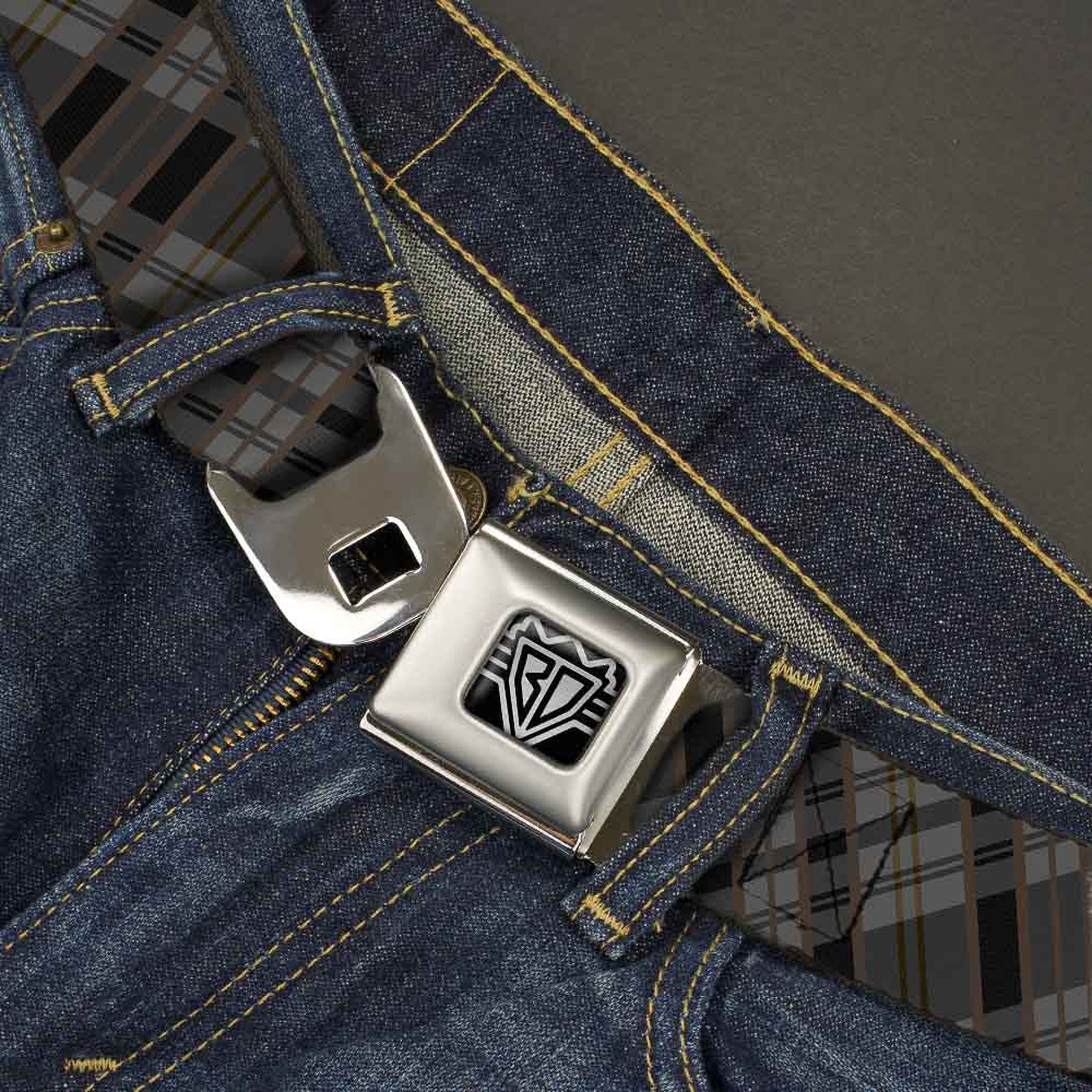 BD Wings Logo CLOSE-UP Full Color Black Silver Seatbelt Belt - Plaid Gray/Black/Brown Webbing Seatbelt Belts Buckle-Down