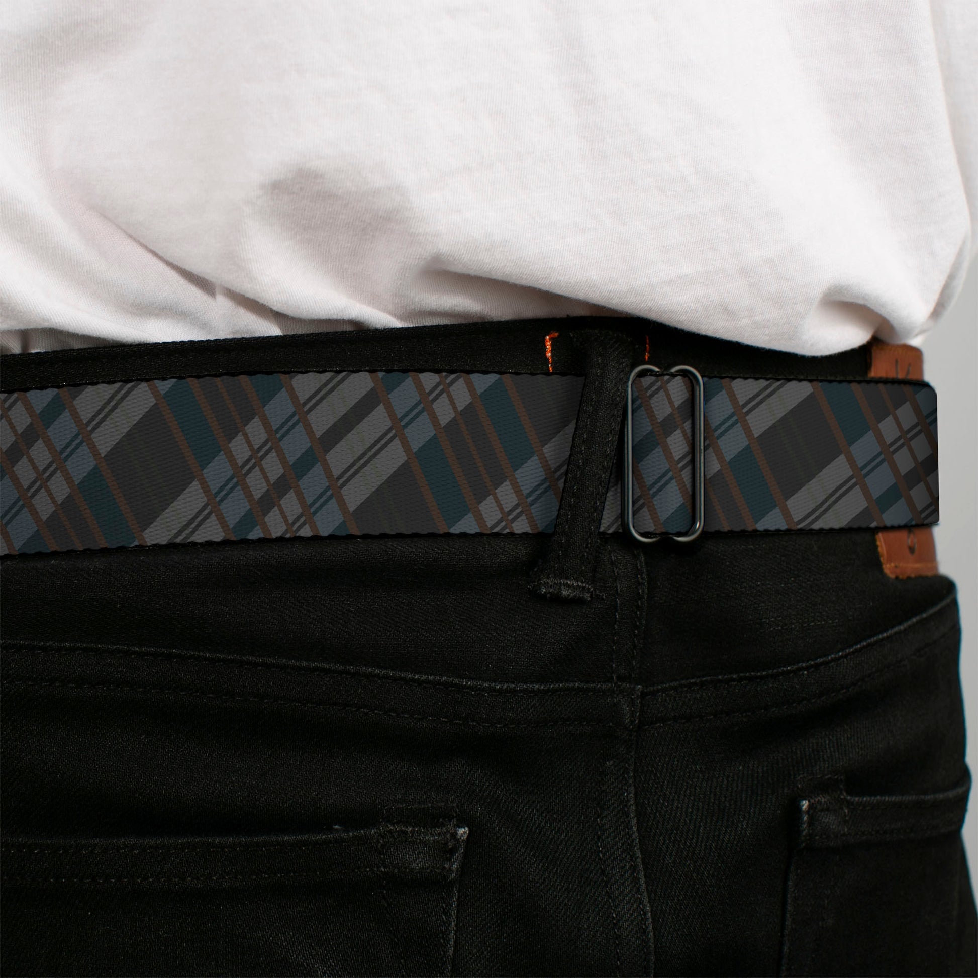 BD Wings Logo CLOSE-UP Full Color Black Silver Seatbelt Belt - Plaid Gray/Black/Brown Webbing Seatbelt Belts Buckle-Down