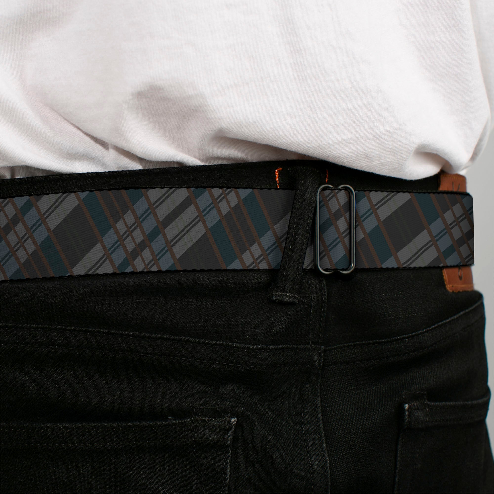 BD Wings Logo CLOSE-UP Full Color Black Silver Seatbelt Belt - Plaid Gray/Black/Brown Webbing Seatbelt Belts Buckle-Down