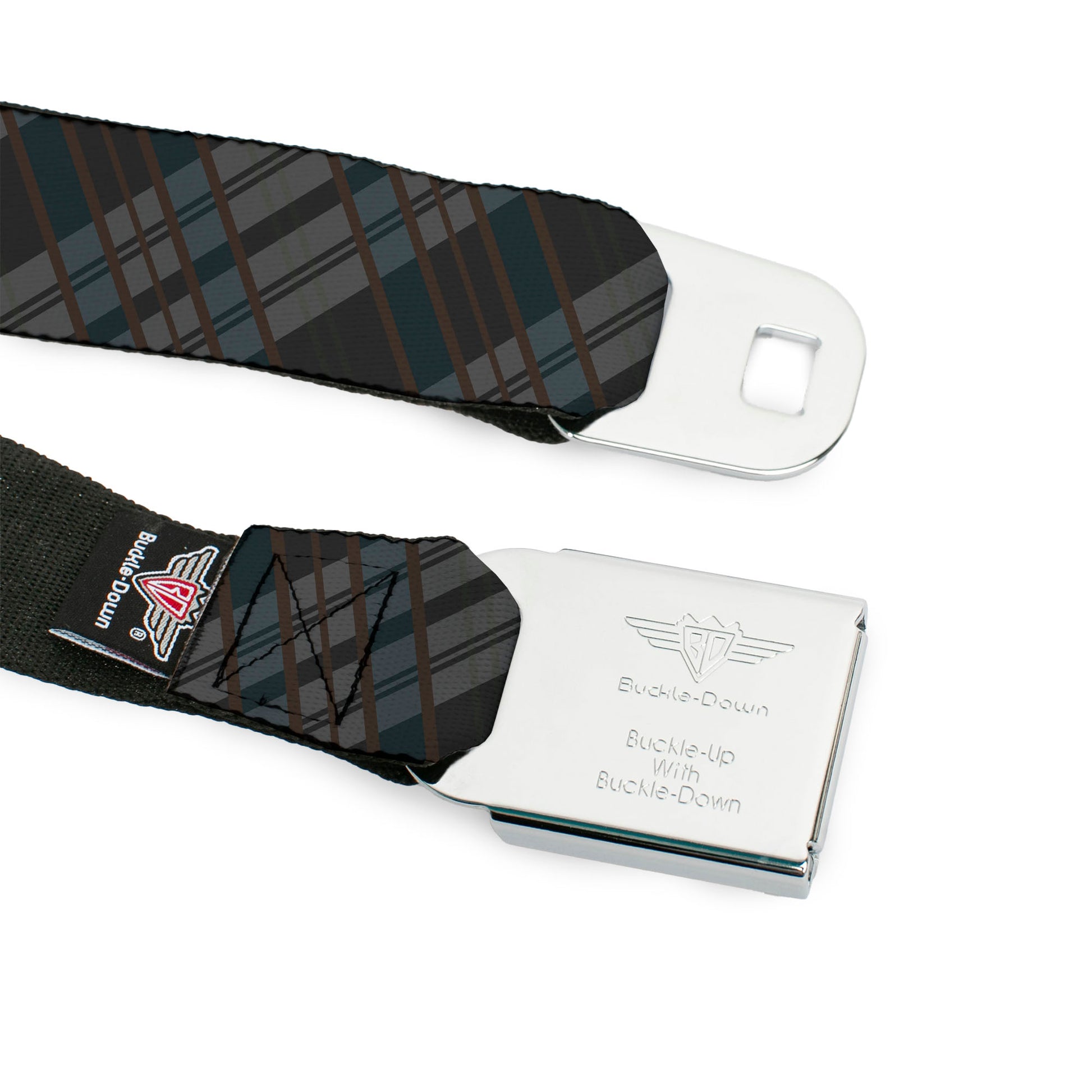 BD Wings Logo CLOSE-UP Full Color Black Silver Seatbelt Belt - Plaid Gray/Black/Brown Webbing Seatbelt Belts Buckle-Down
