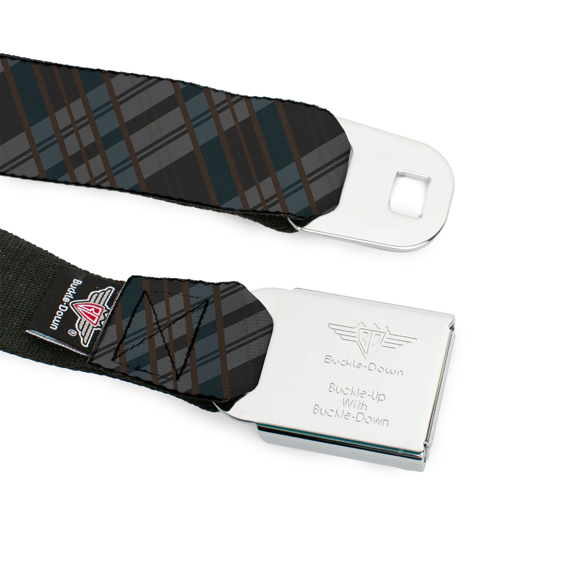 BD Wings Logo CLOSE-UP Full Color Black Silver Seatbelt Belt - Plaid Gray/Black/Brown Webbing Seatbelt Belts Buckle-Down