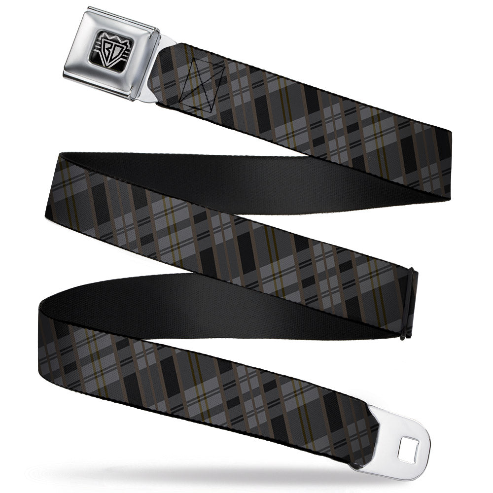 BD Wings Logo CLOSE-UP Full Color Black Silver Seatbelt Belt - Plaid Gray/Black/Brown Webbing Seatbelt Belts Buckle-Down