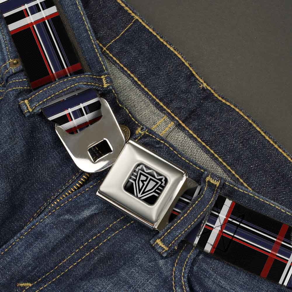 BD Wings Logo CLOSE-UP Full Color Black Silver Seatbelt Belt - Plaid Black/Red/White/Blue Webbing Seatbelt Belts Buckle-Down