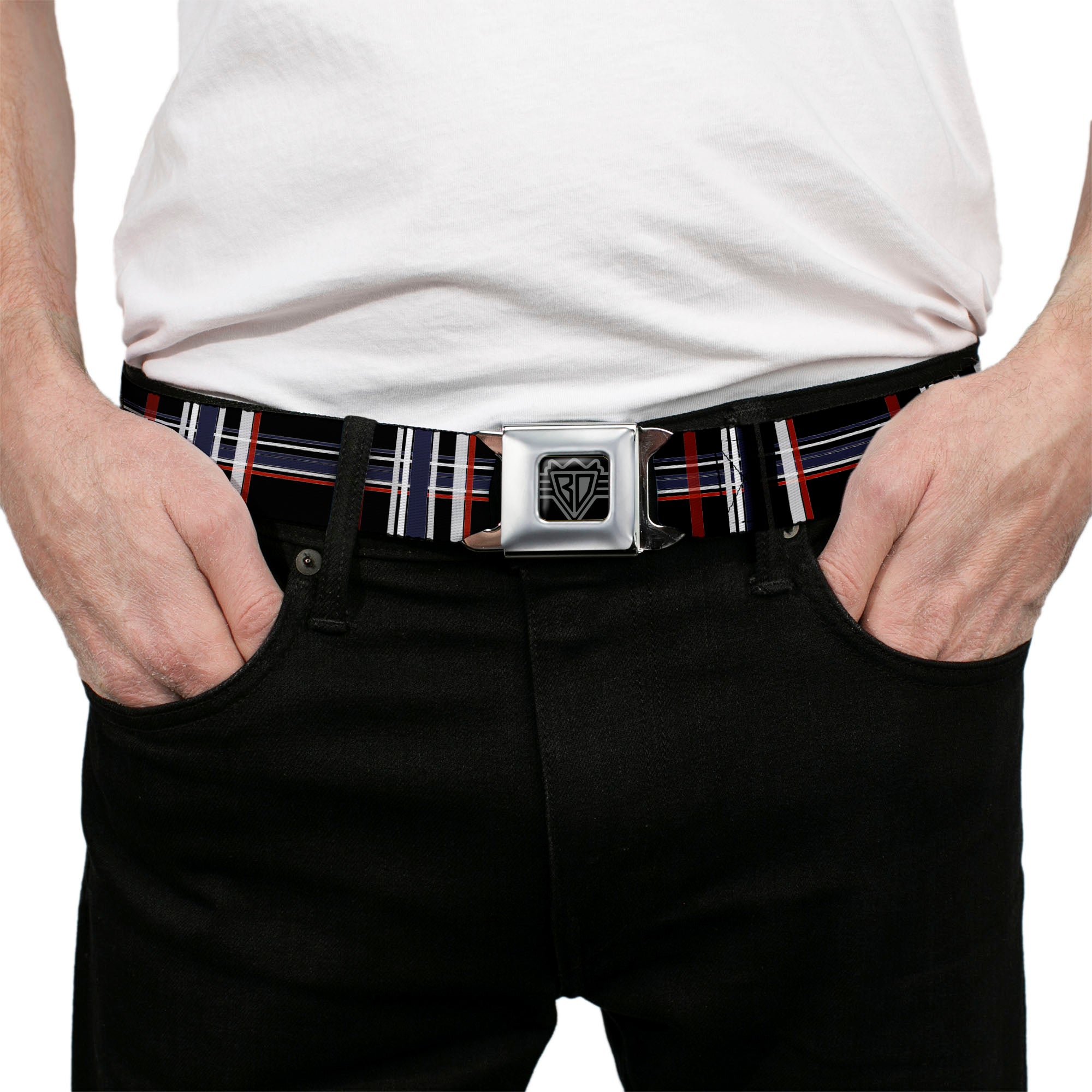 BD Wings Logo CLOSE-UP Full Color Black Silver Seatbelt Belt - Plaid Black/Red/White/Blue Webbing Seatbelt Belts Buckle-Down