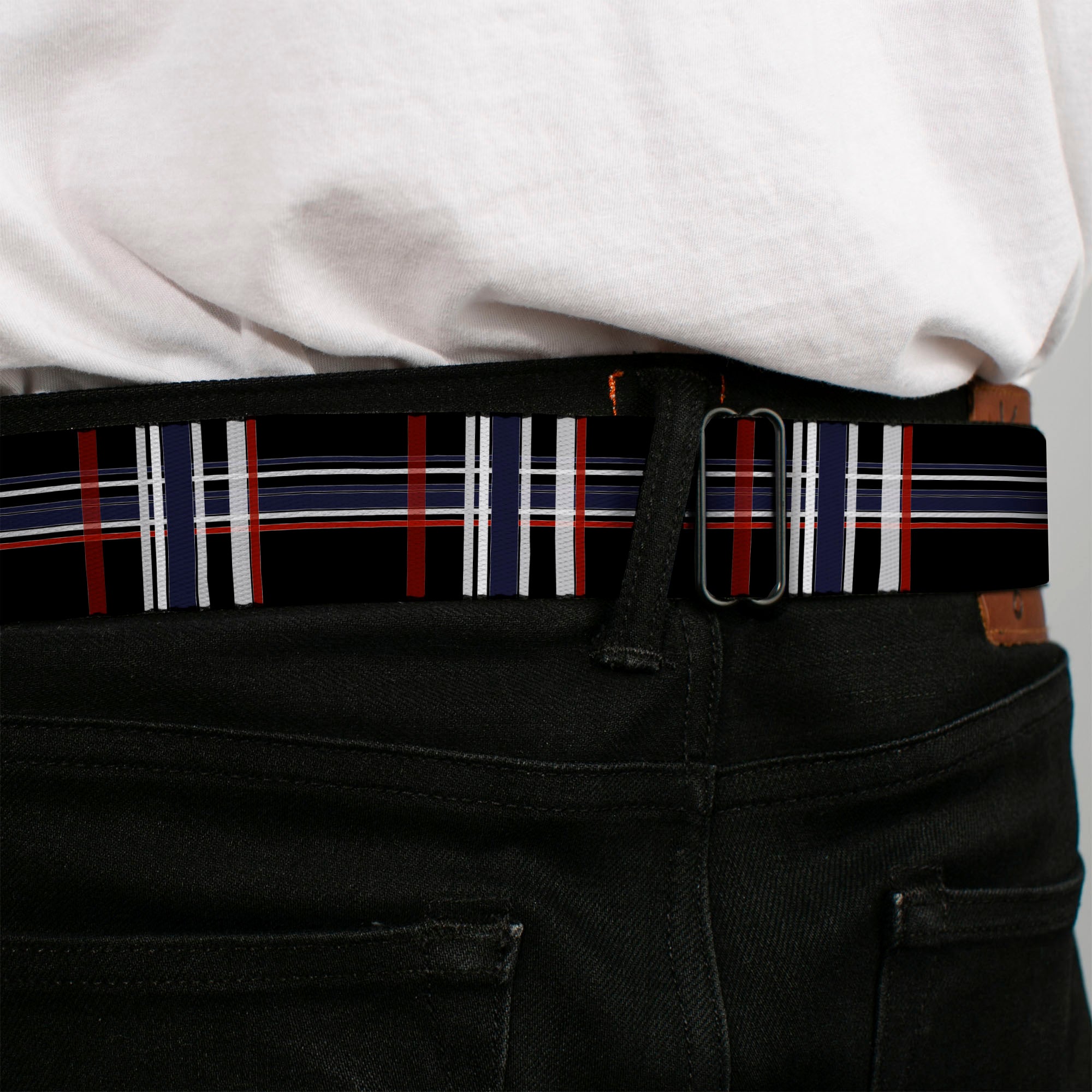 BD Wings Logo CLOSE-UP Full Color Black Silver Seatbelt Belt - Plaid Black/Red/White/Blue Webbing Seatbelt Belts Buckle-Down