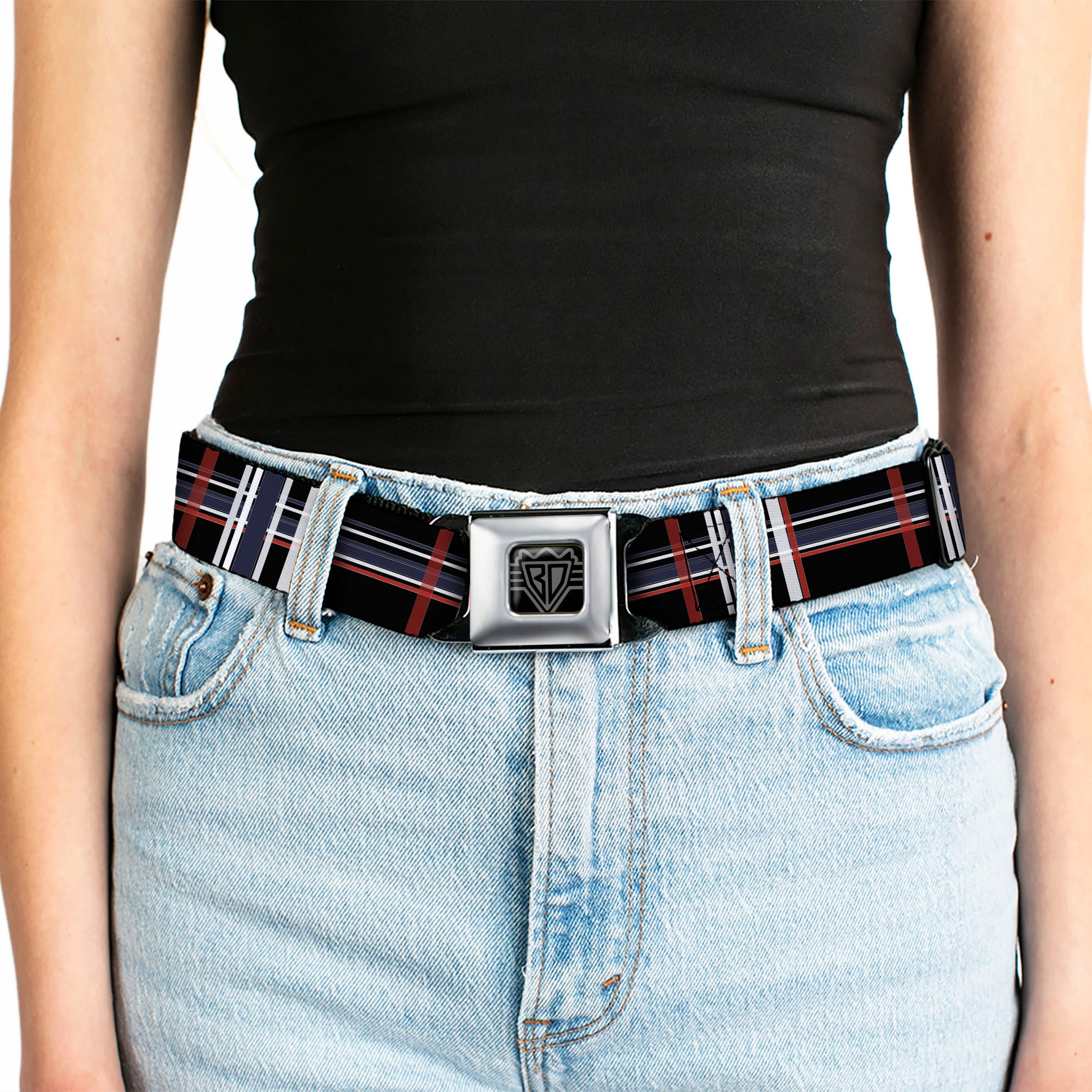 BD Wings Logo CLOSE-UP Full Color Black Silver Seatbelt Belt - Plaid Black/Red/White/Blue Webbing Seatbelt Belts Buckle-Down