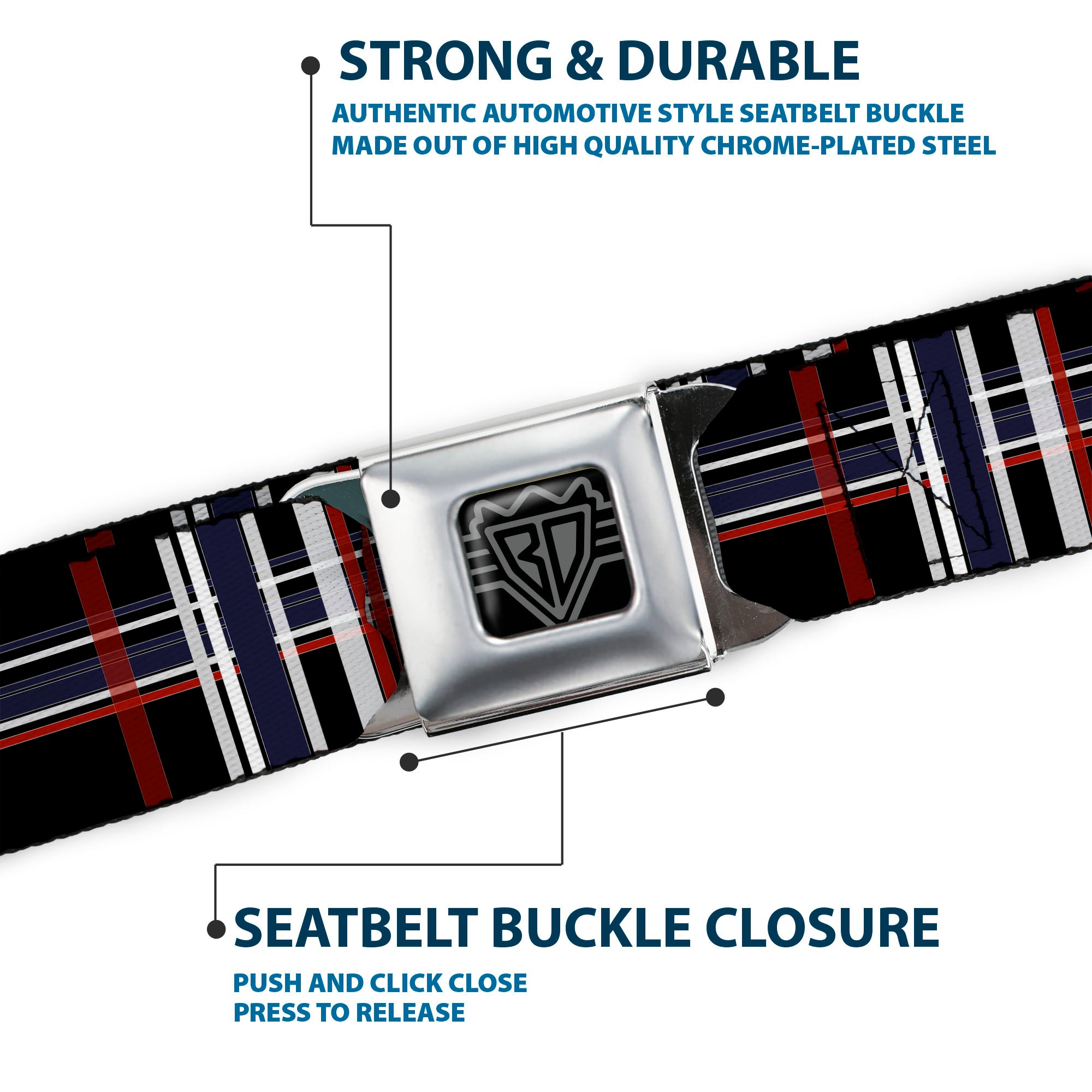 BD Wings Logo CLOSE-UP Full Color Black Silver Seatbelt Belt - Plaid Black/Red/White/Blue Webbing Seatbelt Belts Buckle-Down