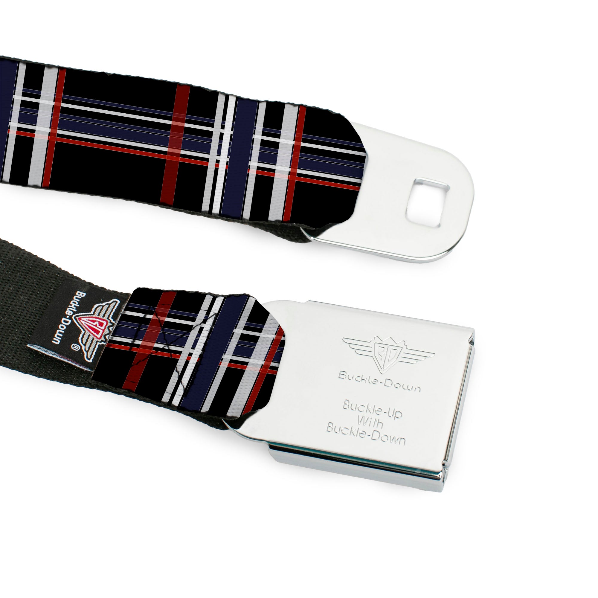 BD Wings Logo CLOSE-UP Full Color Black Silver Seatbelt Belt - Plaid Black/Red/White/Blue Webbing Seatbelt Belts Buckle-Down