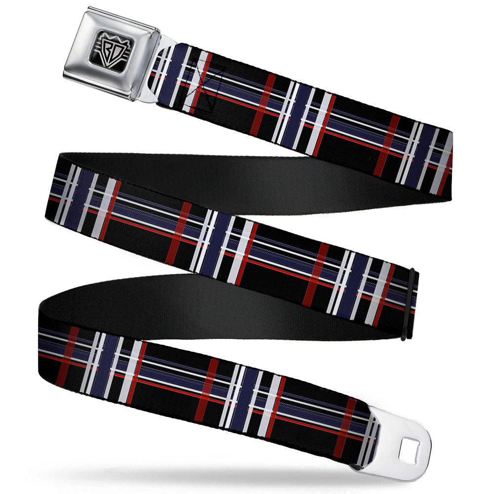 BD Wings Logo CLOSE-UP Full Color Black Silver Seatbelt Belt - Plaid Black/Red/White/Blue Webbing Seatbelt Belts Buckle-Down