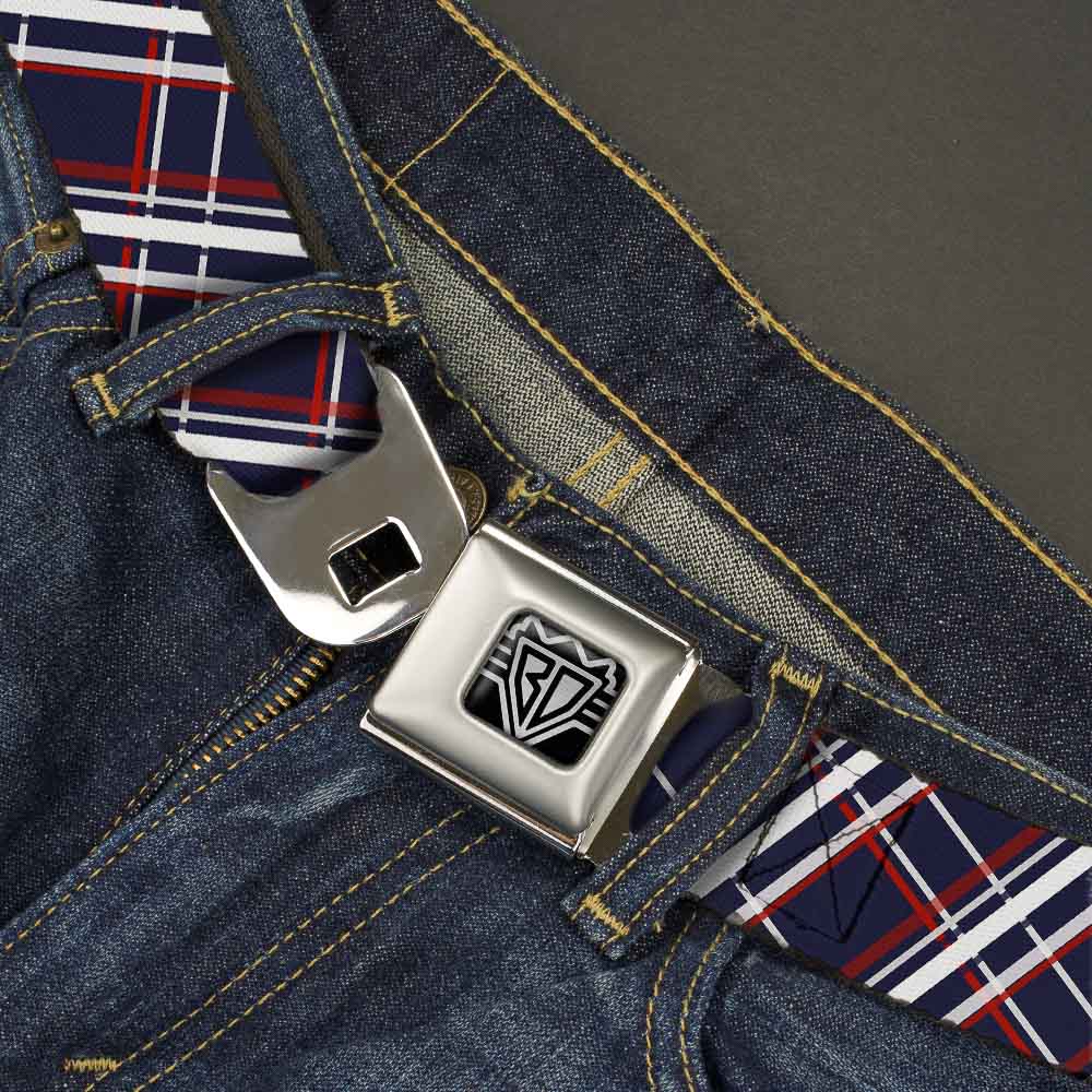BD Wings Logo CLOSE-UP Full Color Black Silver Seatbelt Belt - Plaid X Blue/White/Red Webbing Seatbelt Belts Buckle-Down