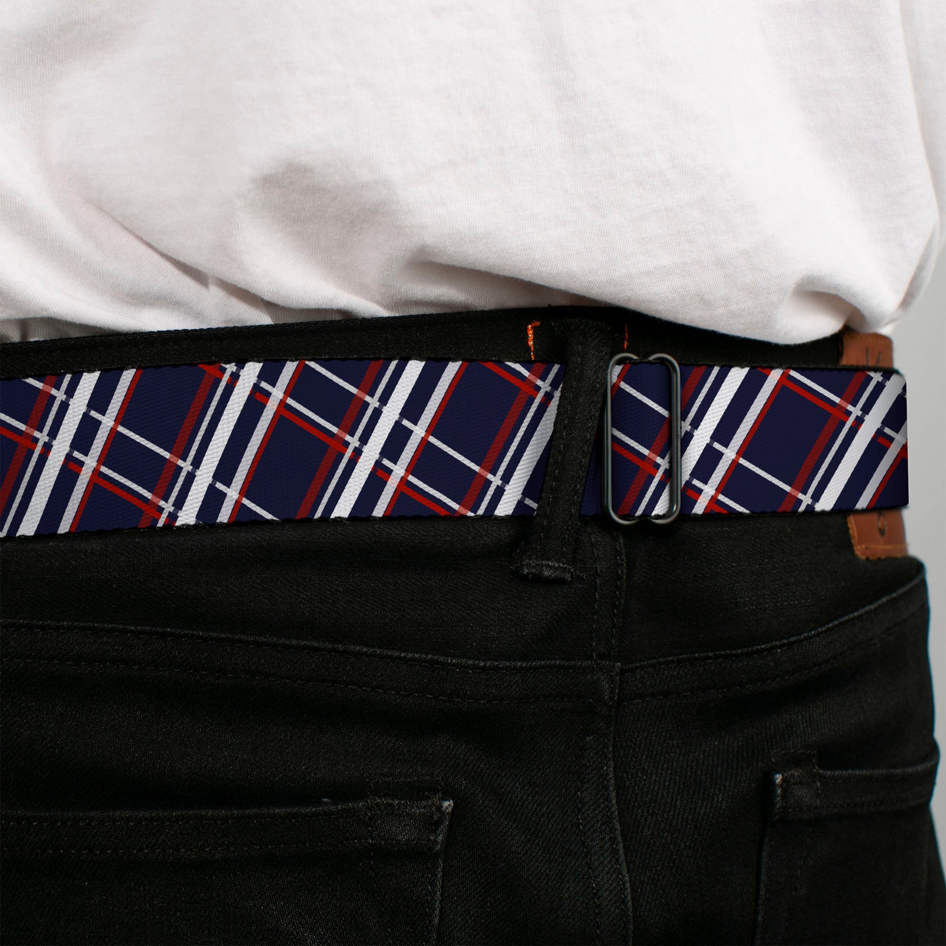 BD Wings Logo CLOSE-UP Full Color Black Silver Seatbelt Belt - Plaid X Blue/White/Red Webbing Seatbelt Belts Buckle-Down