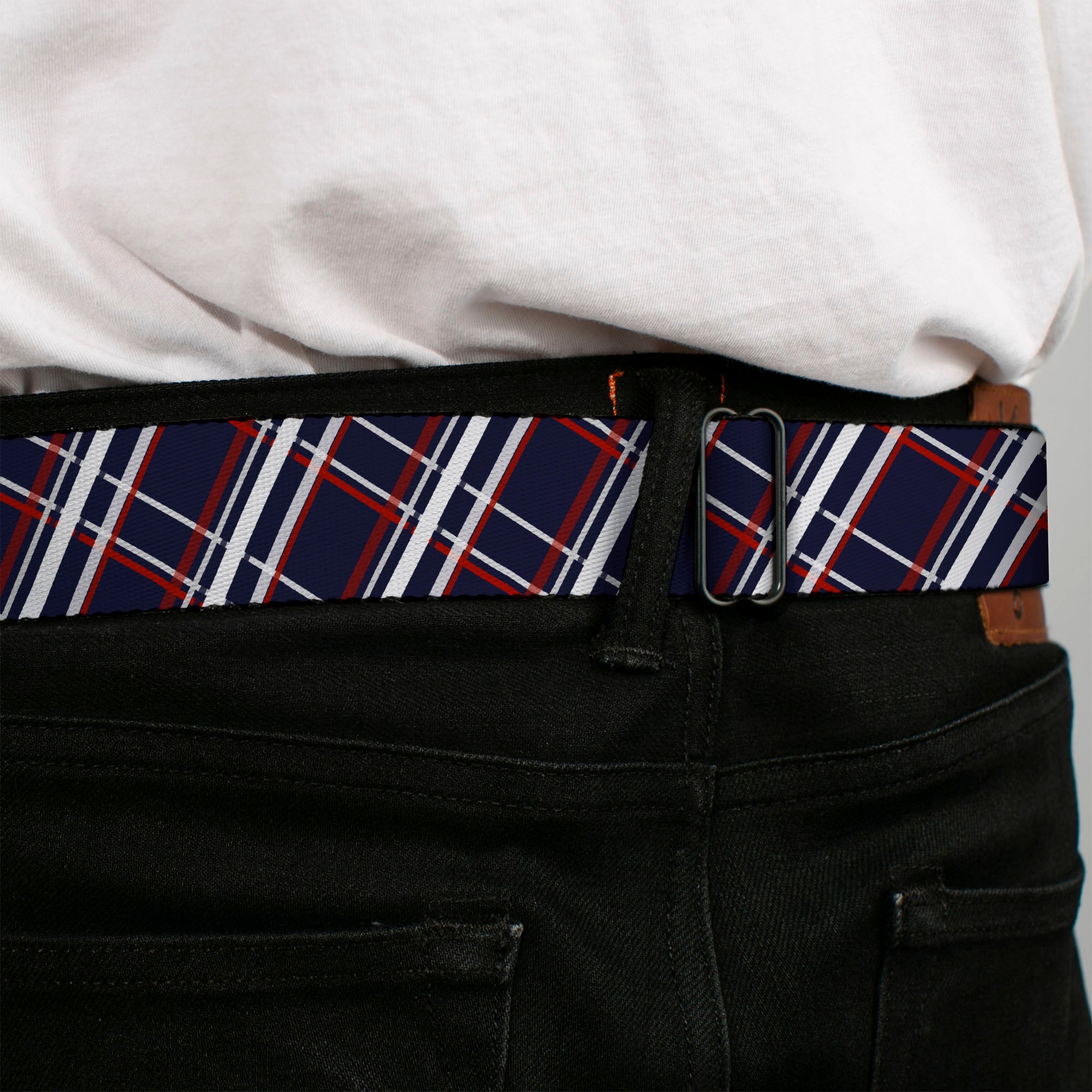 BD Wings Logo CLOSE-UP Full Color Black Silver Seatbelt Belt - Plaid X Blue/White/Red Webbing Seatbelt Belts Buckle-Down