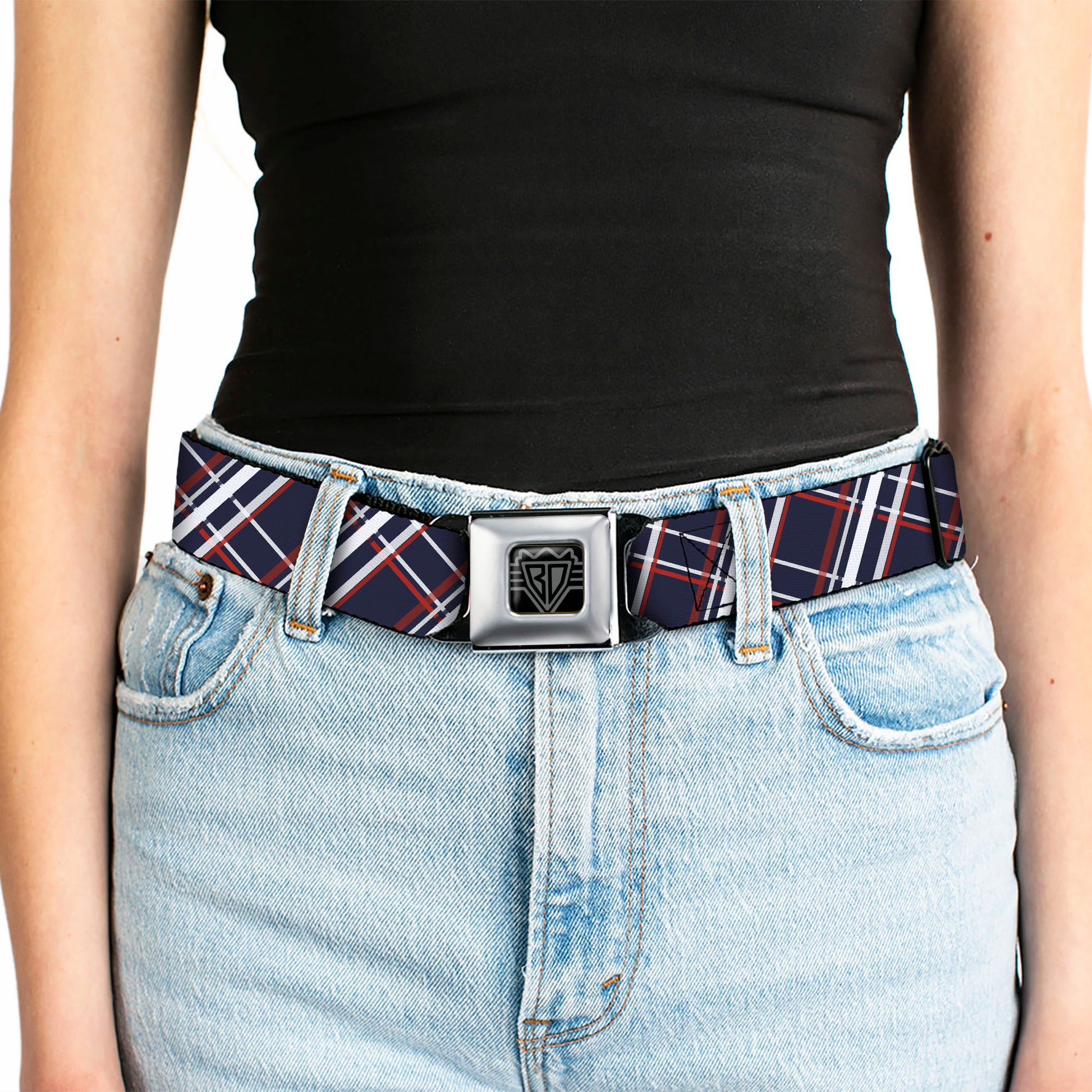 BD Wings Logo CLOSE-UP Full Color Black Silver Seatbelt Belt - Plaid X Blue/White/Red Webbing Seatbelt Belts Buckle-Down