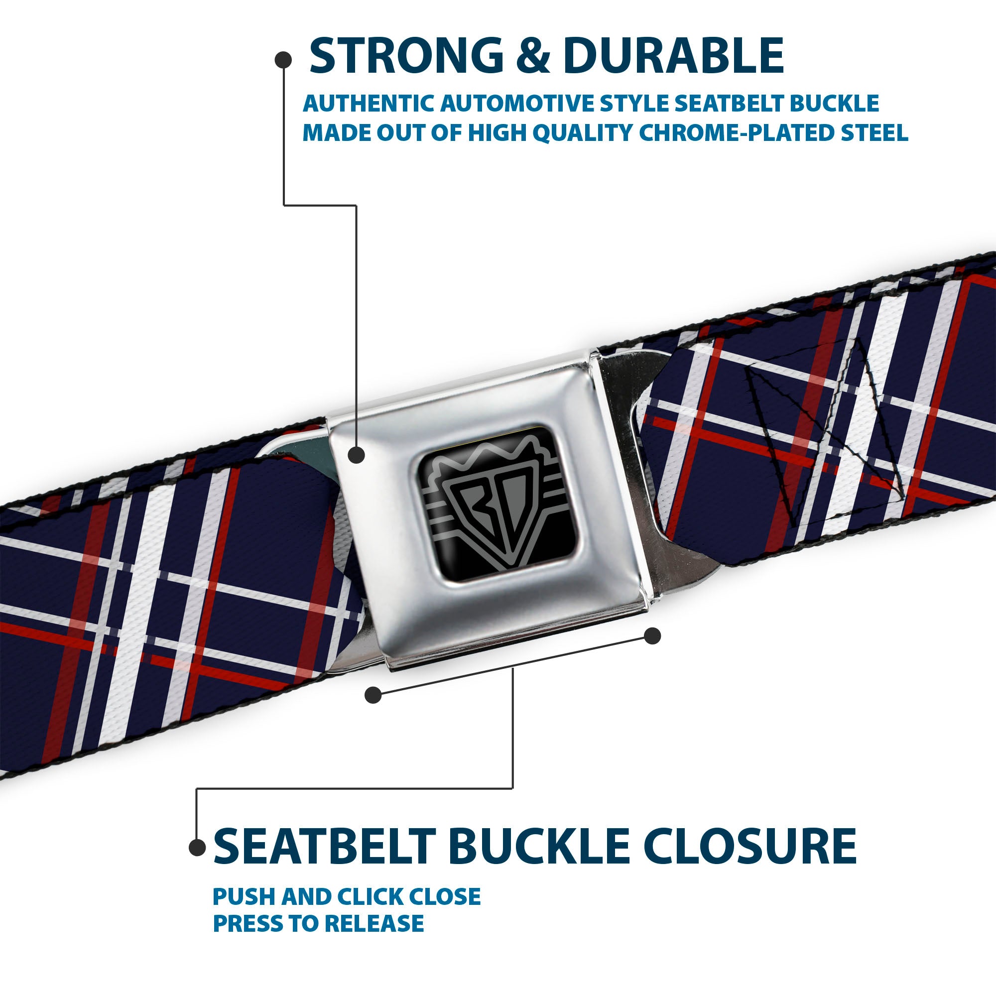BD Wings Logo CLOSE-UP Full Color Black Silver Seatbelt Belt - Plaid X Blue/White/Red Webbing Seatbelt Belts Buckle-Down