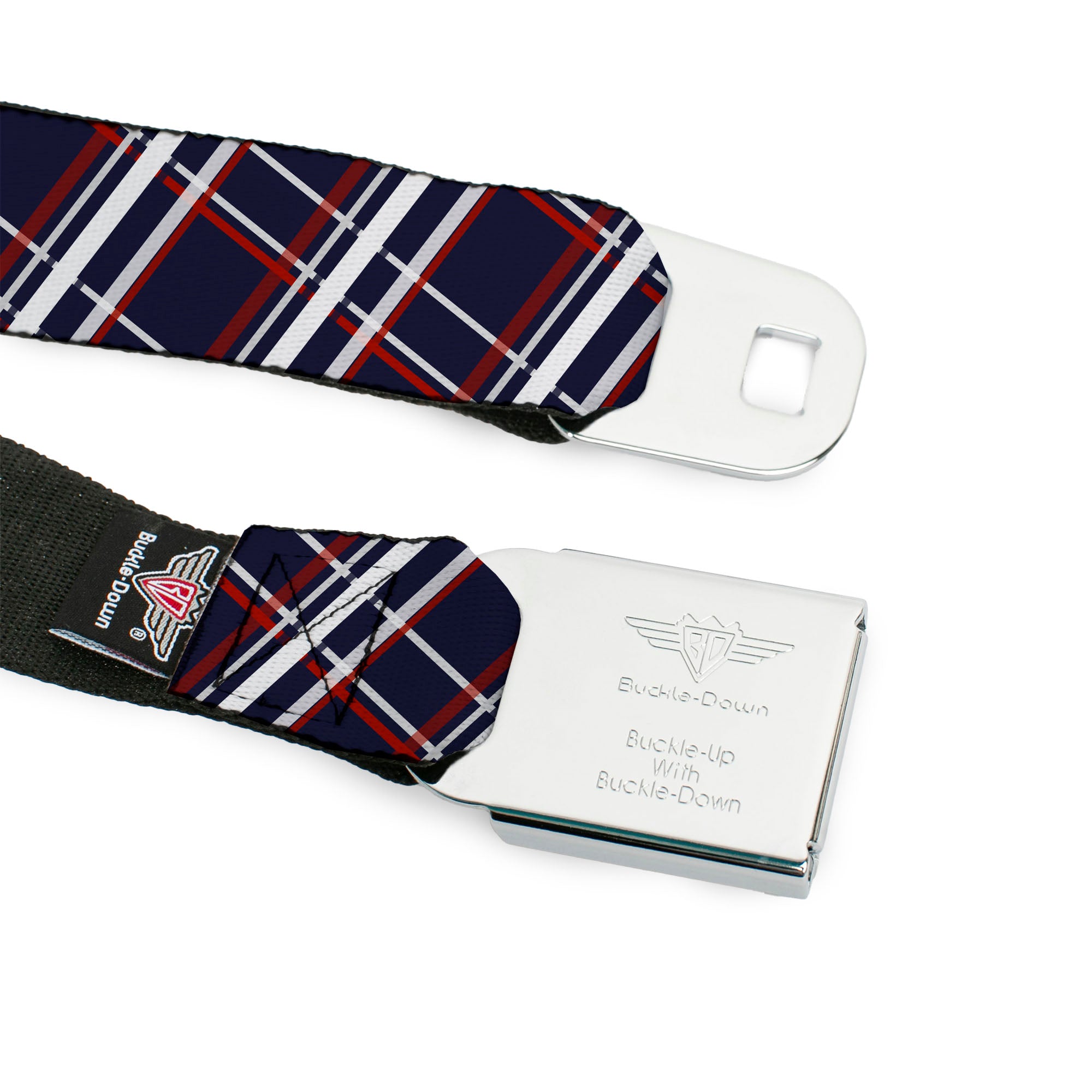 BD Wings Logo CLOSE-UP Full Color Black Silver Seatbelt Belt - Plaid X Blue/White/Red Webbing Seatbelt Belts Buckle-Down