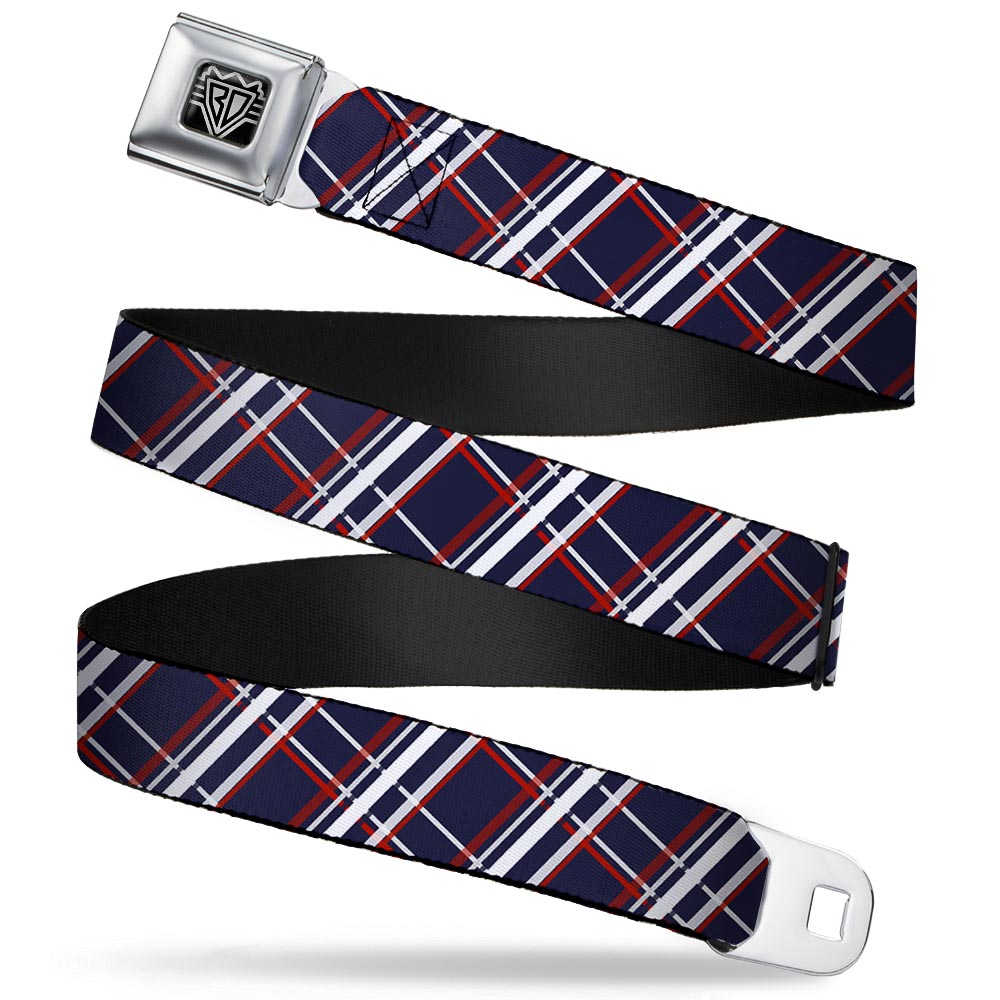 BD Wings Logo CLOSE-UP Full Color Black Silver Seatbelt Belt - Plaid X Blue/White/Red Webbing Seatbelt Belts Buckle-Down