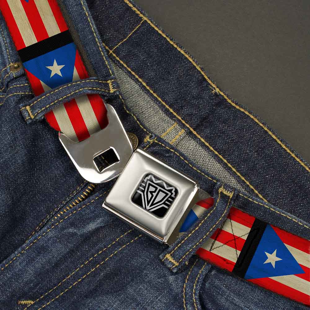 BD Wings Logo CLOSE-UP Full Color Black Silver Seatbelt Belt - Puerto Rico Flag Weathered Webbing Seatbelt Belts Buckle-Down