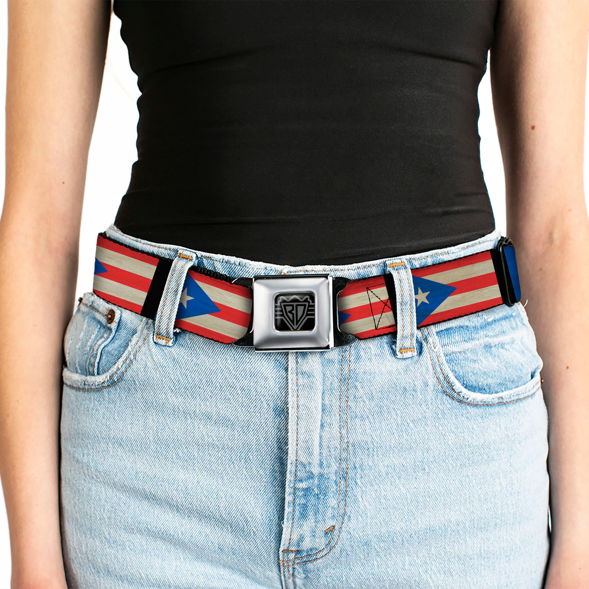 BD Wings Logo CLOSE-UP Full Color Black Silver Seatbelt Belt - Puerto Rico Flag Weathered Webbing Seatbelt Belts Buckle-Down