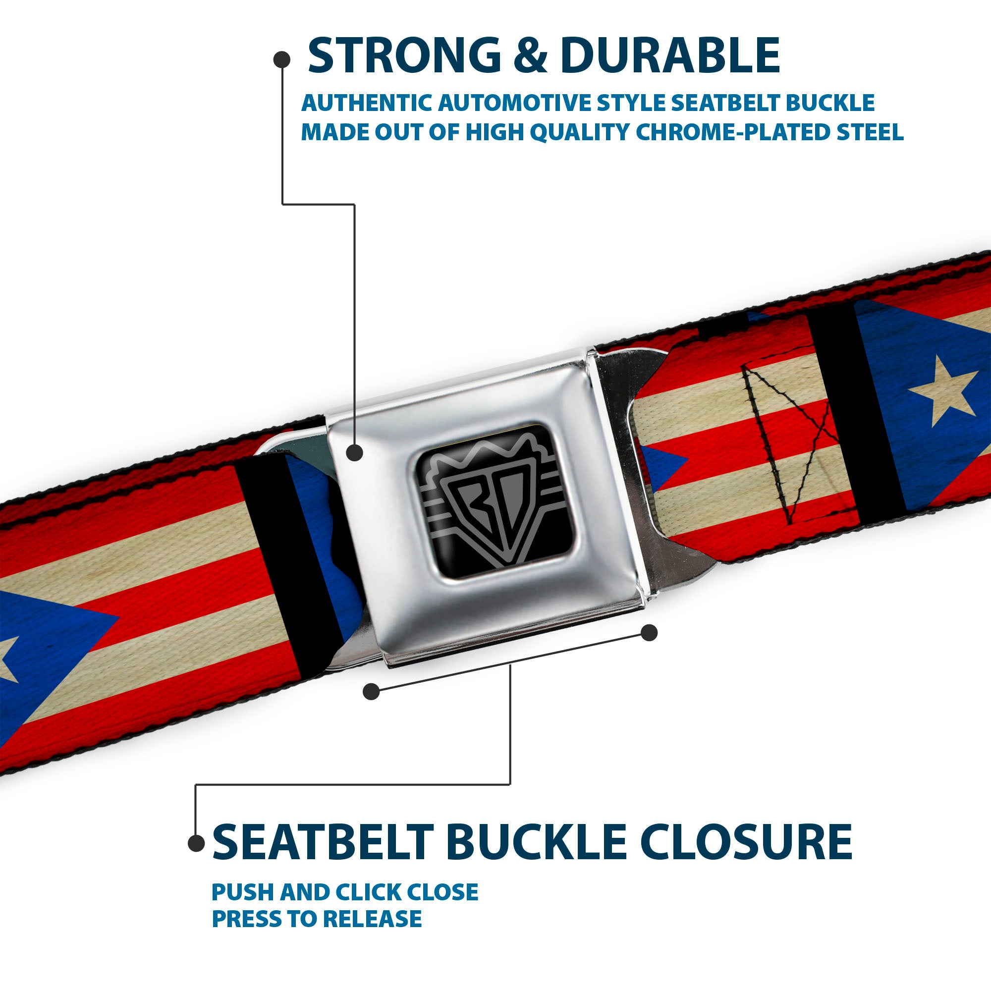 BD Wings Logo CLOSE-UP Full Color Black Silver Seatbelt Belt - Puerto Rico Flag Weathered Webbing Seatbelt Belts Buckle-Down