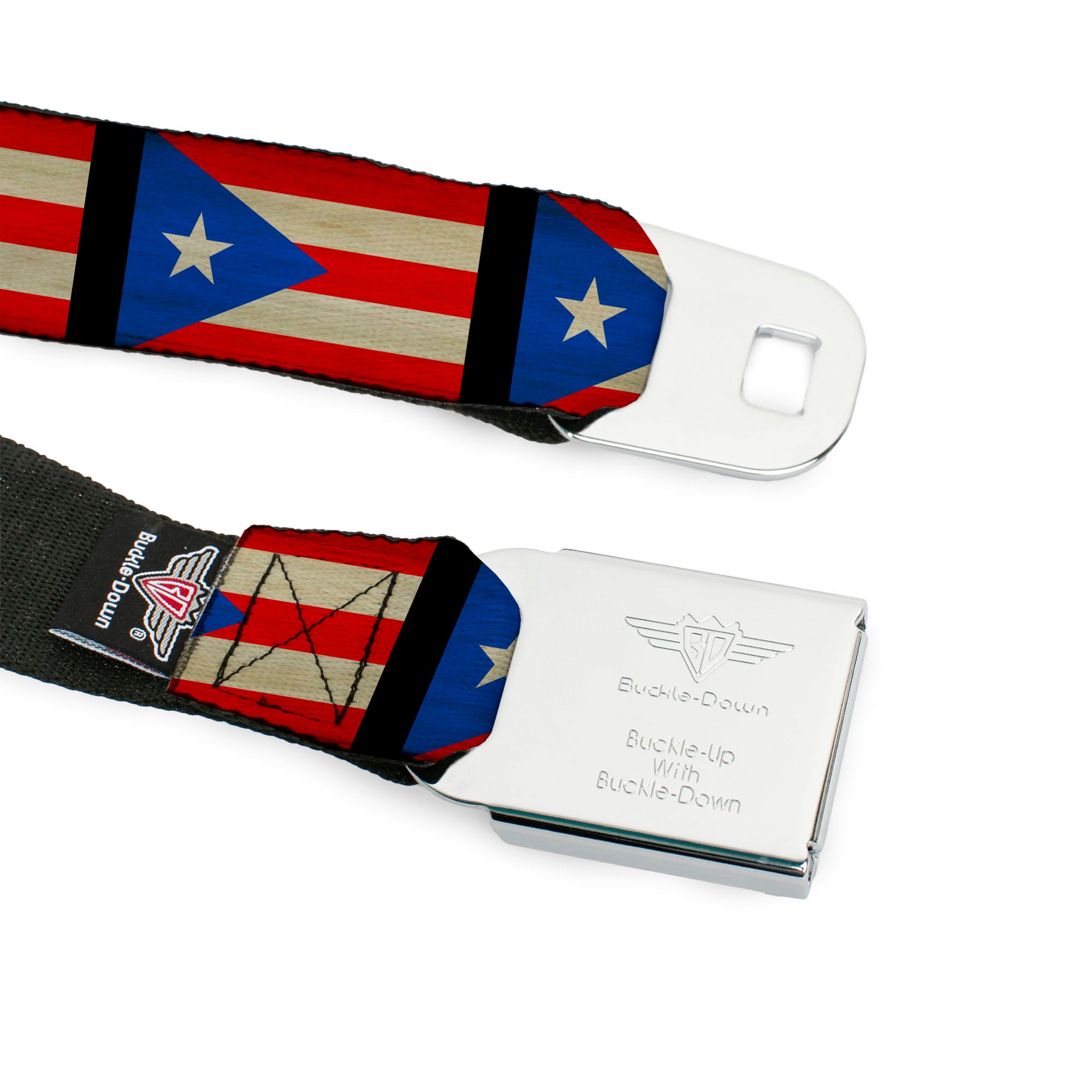 BD Wings Logo CLOSE-UP Full Color Black Silver Seatbelt Belt - Puerto Rico Flag Weathered Webbing Seatbelt Belts Buckle-Down