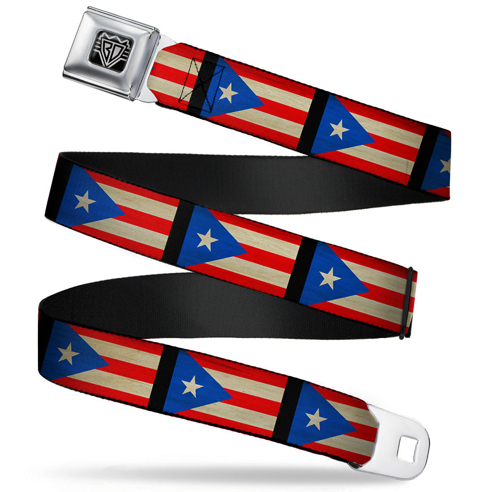BD Wings Logo CLOSE-UP Full Color Black Silver Seatbelt Belt - Puerto Rico Flag Weathered Webbing Seatbelt Belts Buckle-Down
