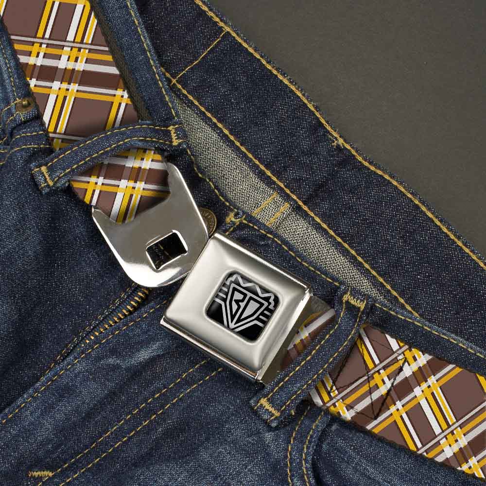 BD Wings Logo CLOSE-UP Full Color Black Silver Seatbelt Belt - Plaid X Brown/White/Gold Webbing Seatbelt Belts Buckle-Down