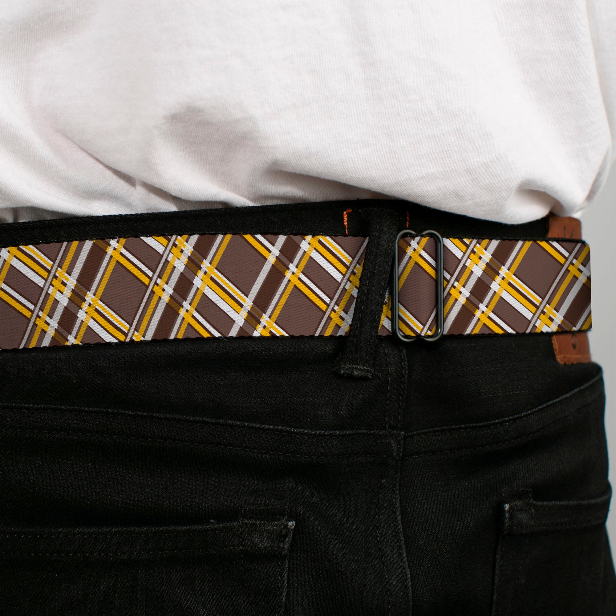 BD Wings Logo CLOSE-UP Full Color Black Silver Seatbelt Belt - Plaid X Brown/White/Gold Webbing Seatbelt Belts Buckle-Down