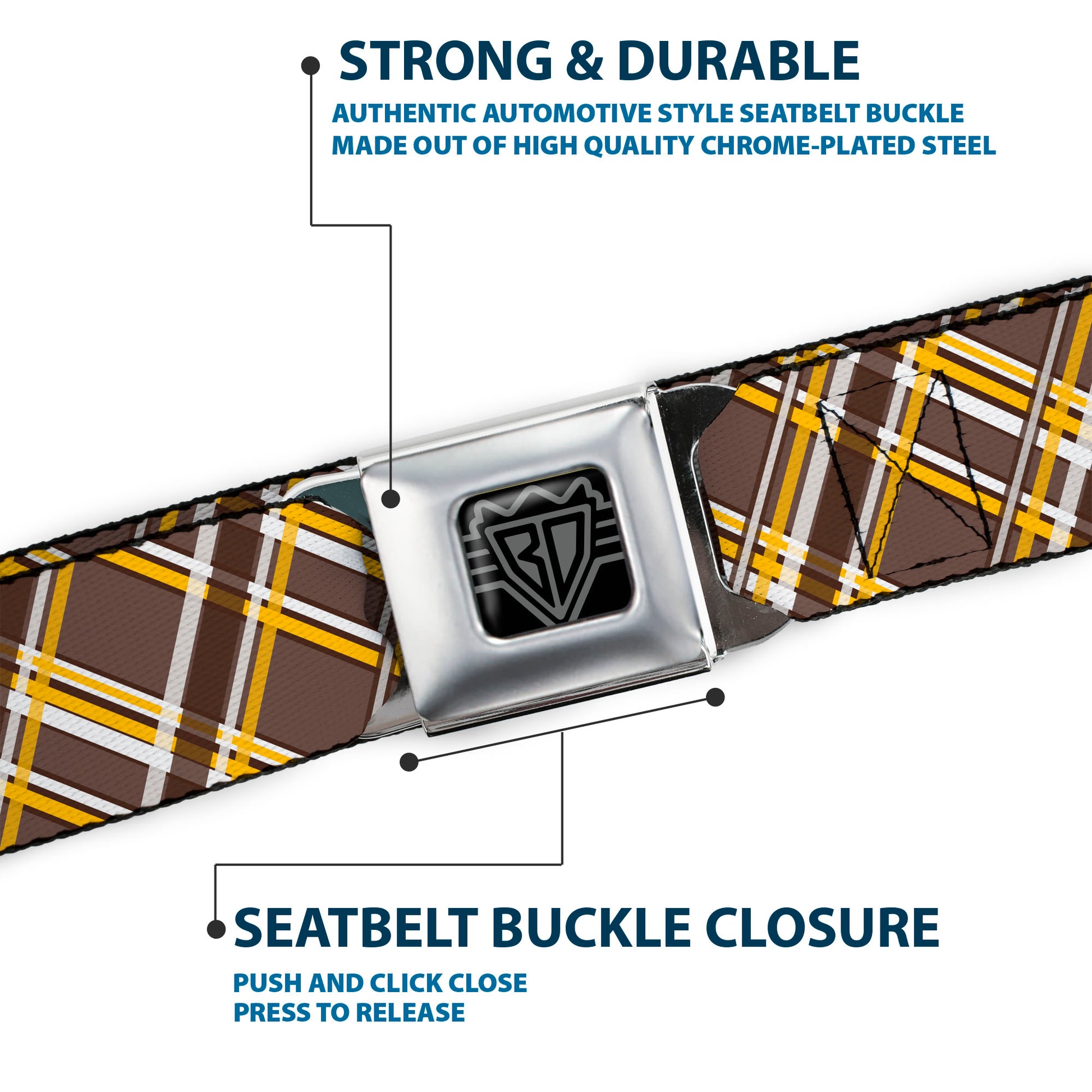 BD Wings Logo CLOSE-UP Full Color Black Silver Seatbelt Belt - Plaid X Brown/White/Gold Webbing Seatbelt Belts Buckle-Down
