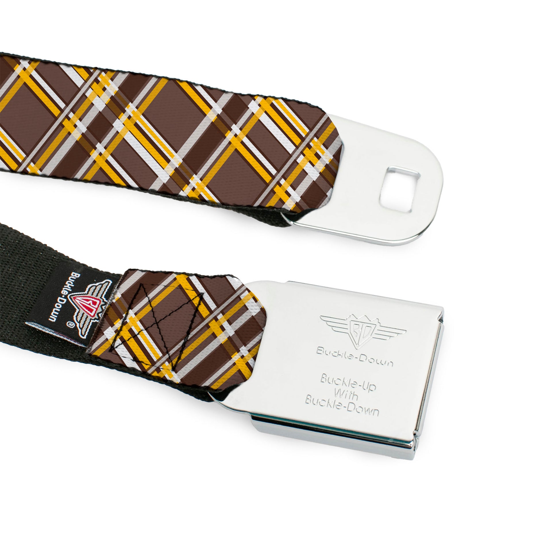BD Wings Logo CLOSE-UP Full Color Black Silver Seatbelt Belt - Plaid X Brown/White/Gold Webbing Seatbelt Belts Buckle-Down