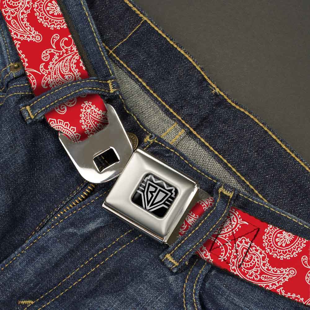 BD Wings Logo CLOSE-UP Full Color Black Silver Seatbelt Belt - Paisley Red/White Webbing Seatbelt Belts Buckle-Down