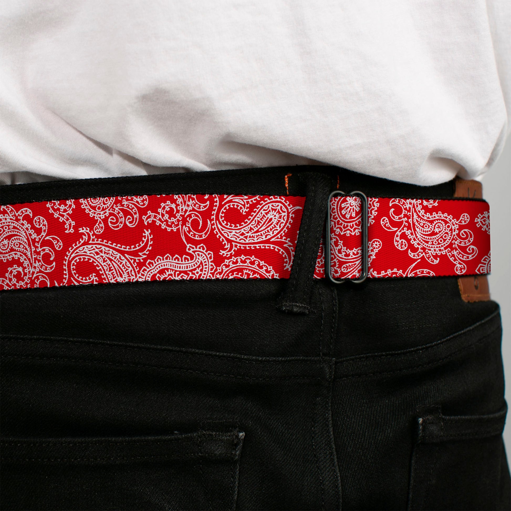 BD Wings Logo CLOSE-UP Full Color Black Silver Seatbelt Belt - Paisley Red/White Webbing Seatbelt Belts Buckle-Down