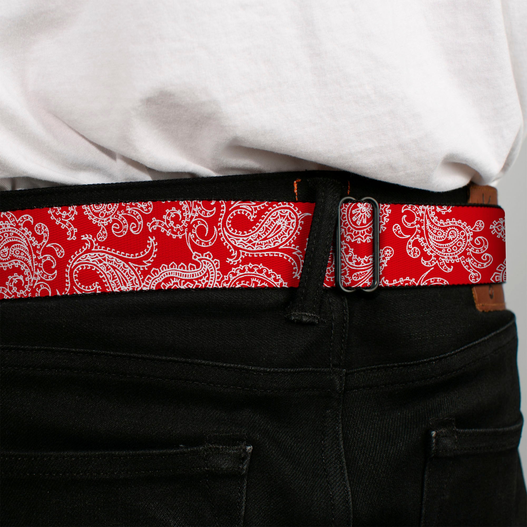 BD Wings Logo CLOSE-UP Full Color Black Silver Seatbelt Belt - Paisley Red/White Webbing Seatbelt Belts Buckle-Down