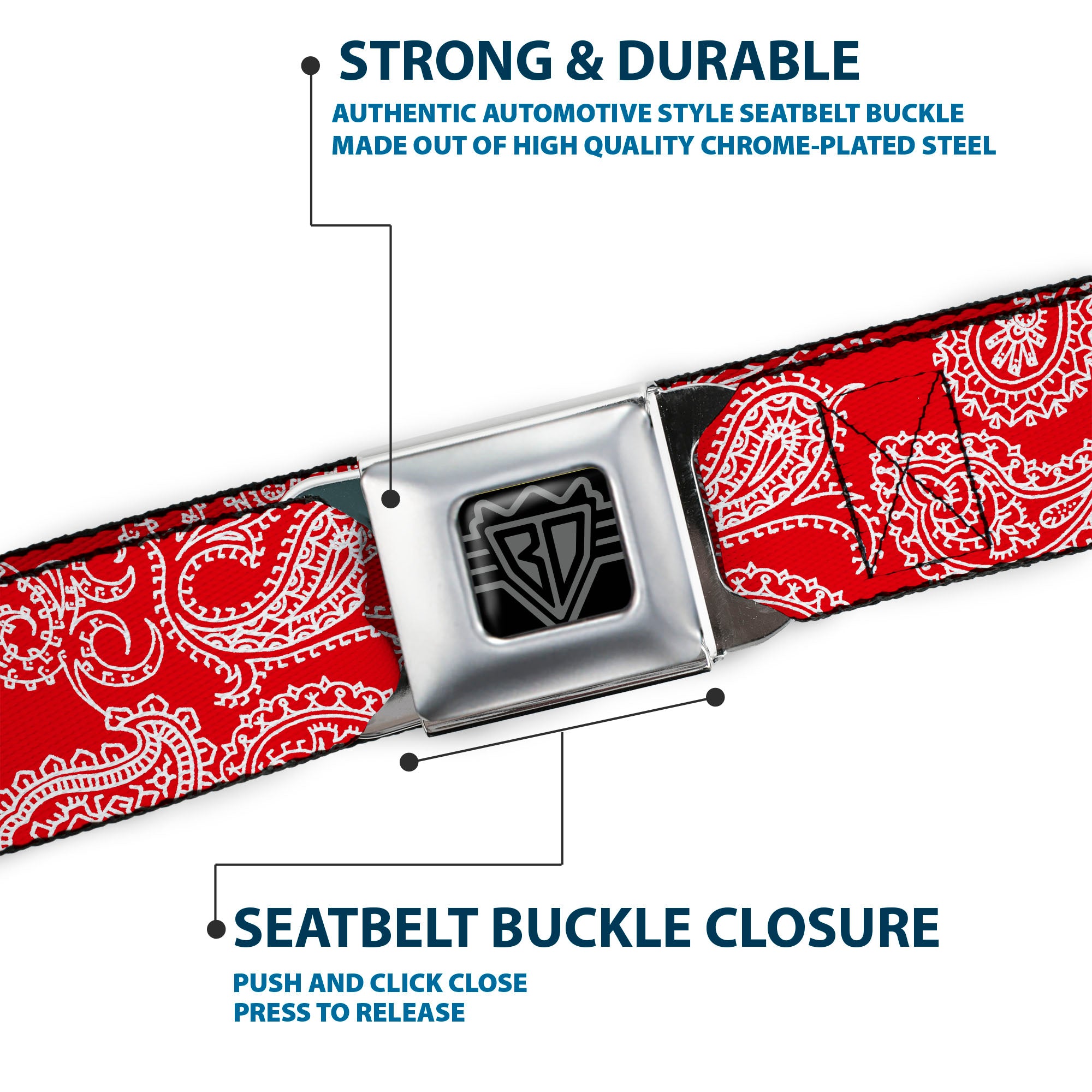 BD Wings Logo CLOSE-UP Full Color Black Silver Seatbelt Belt - Paisley Red/White Webbing Seatbelt Belts Buckle-Down