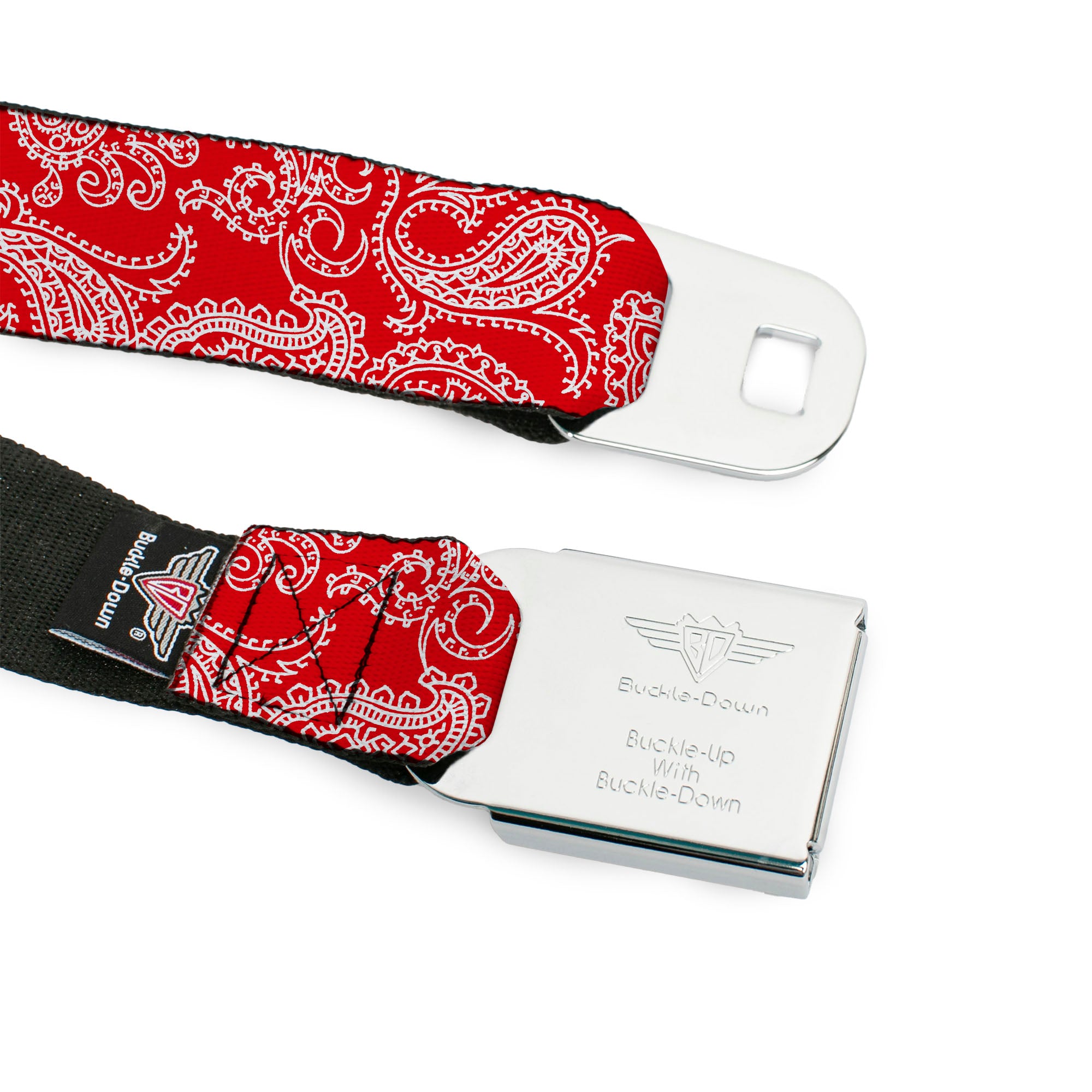 BD Wings Logo CLOSE-UP Full Color Black Silver Seatbelt Belt - Paisley Red/White Webbing Seatbelt Belts Buckle-Down