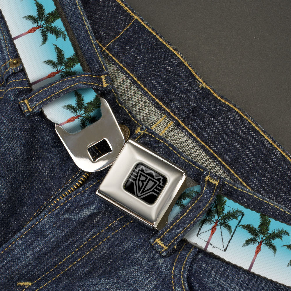 BD Wings Logo CLOSE-UP Black/Silver Seatbelt Belt - Palm Tree Skyline Webbing Seatbelt Belts Buckle-Down