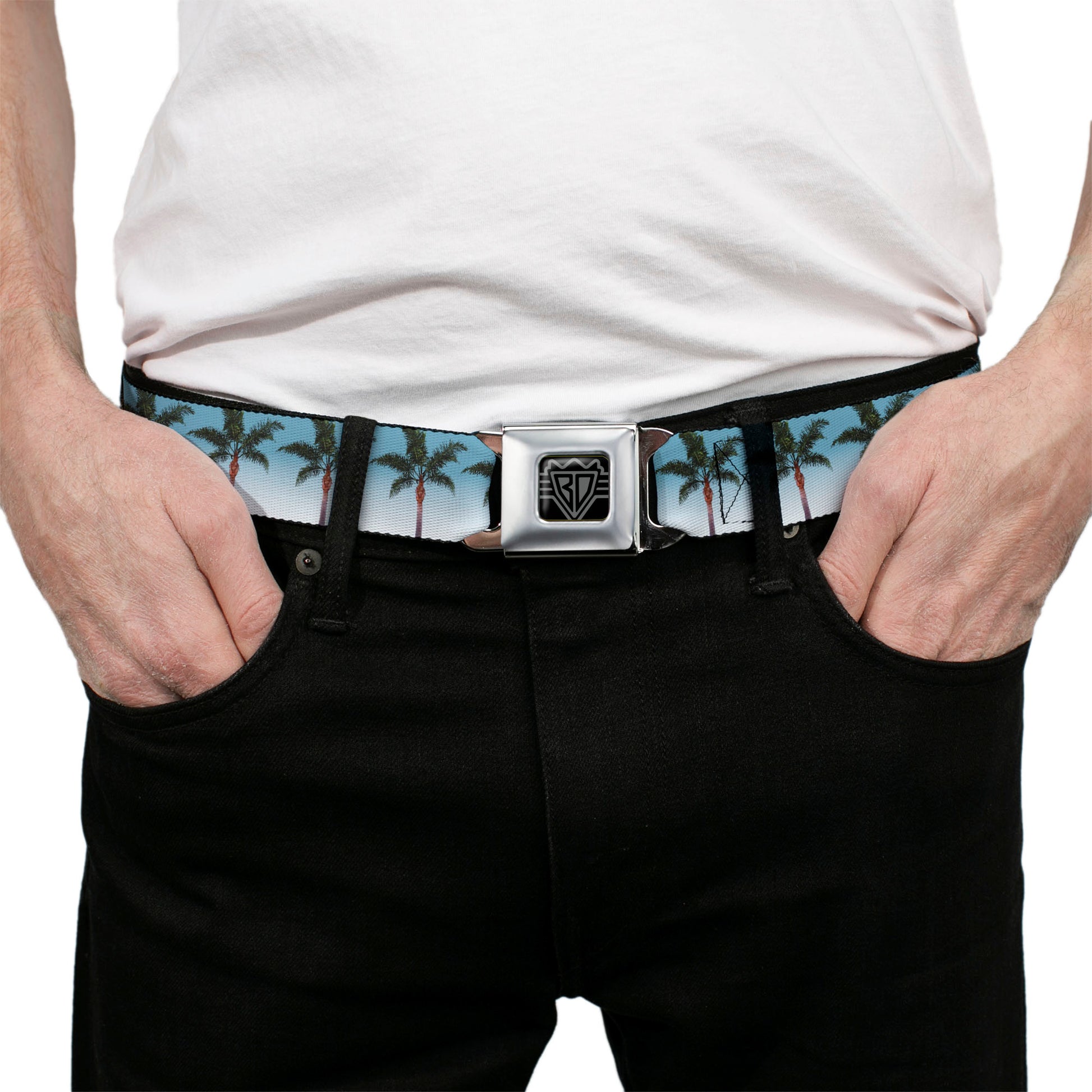 BD Wings Logo CLOSE-UP Black/Silver Seatbelt Belt - Palm Tree Skyline Webbing Seatbelt Belts Buckle-Down