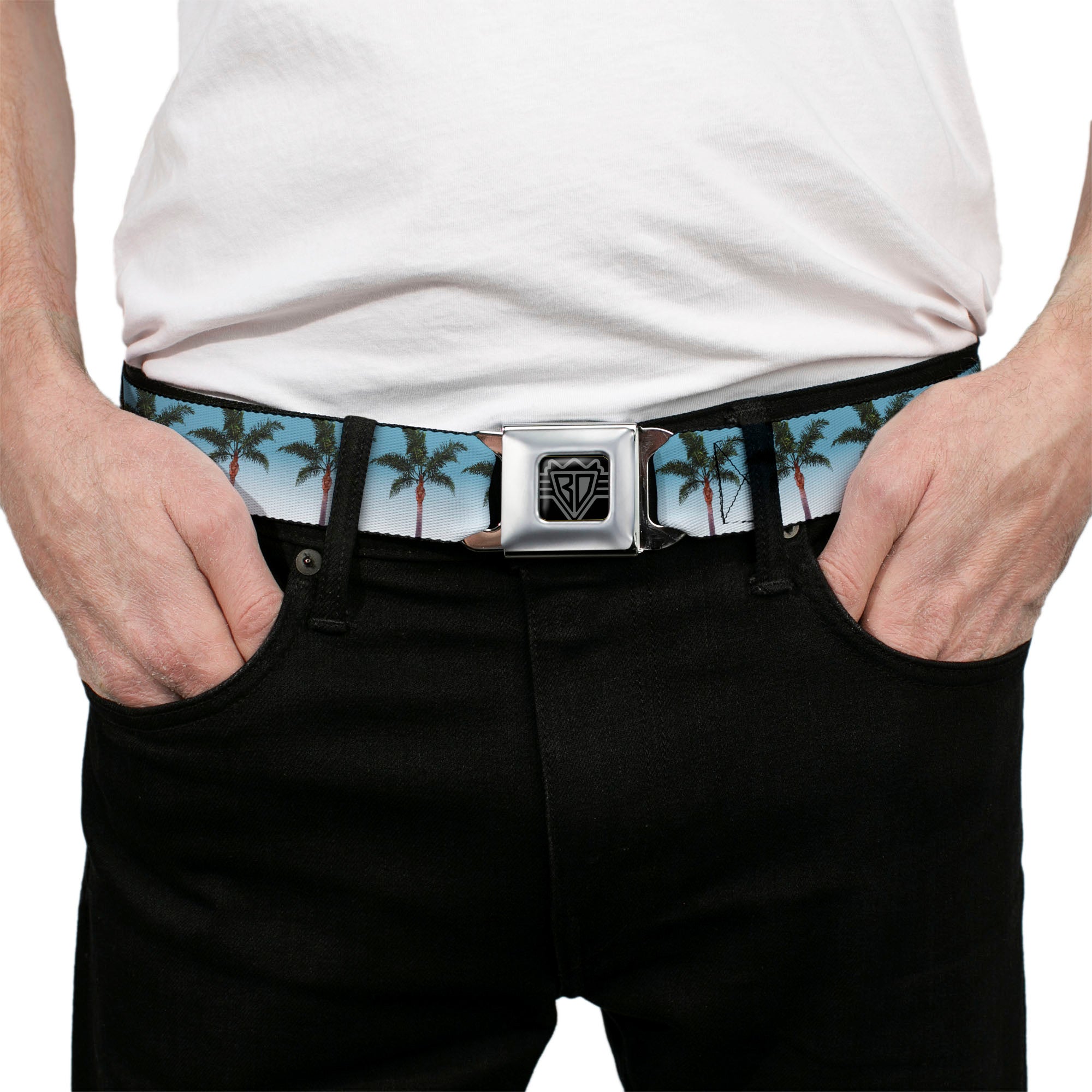 BD Wings Logo CLOSE-UP Black/Silver Seatbelt Belt - Palm Tree Skyline Webbing Seatbelt Belts Buckle-Down
