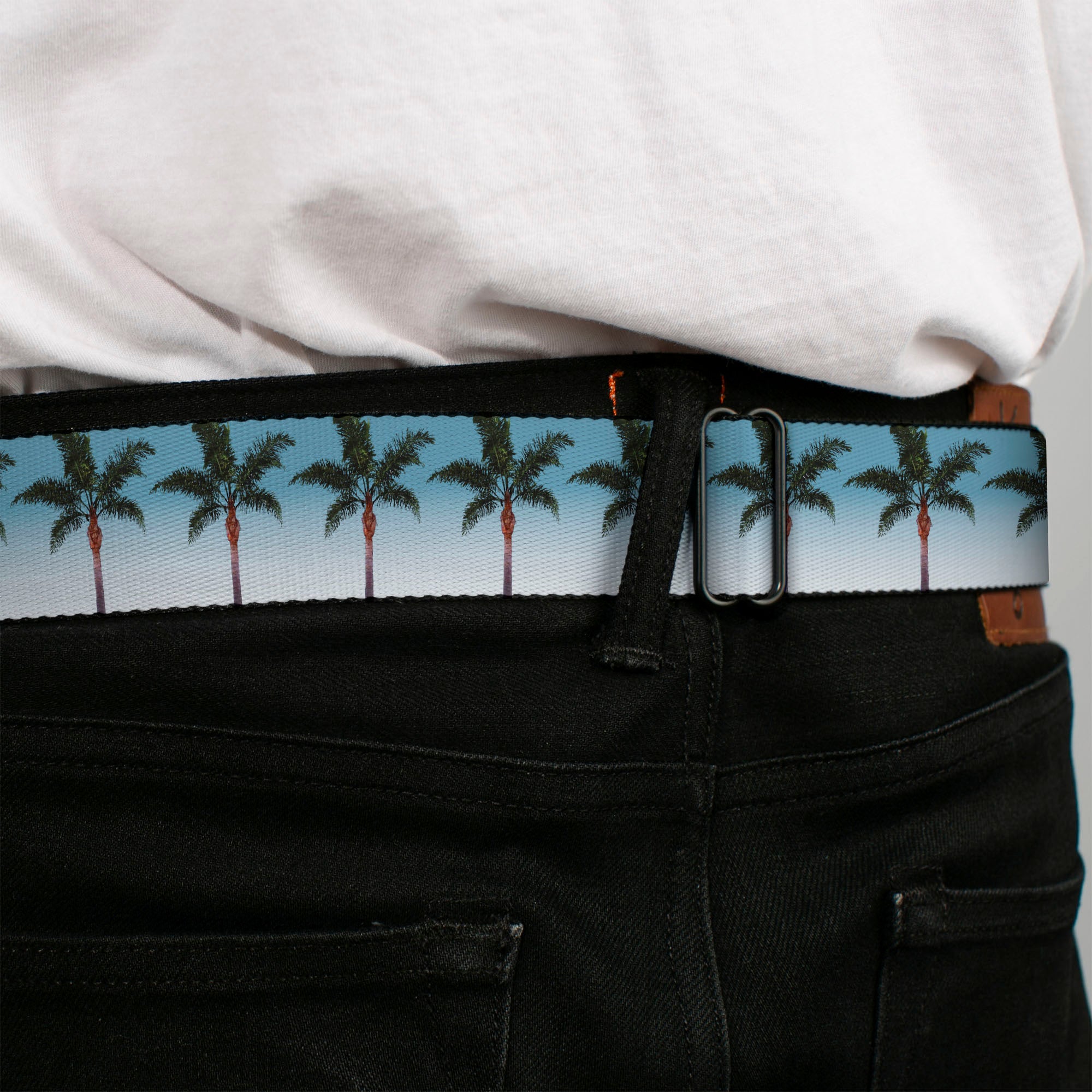 BD Wings Logo CLOSE-UP Black/Silver Seatbelt Belt - Palm Tree Skyline Webbing Seatbelt Belts Buckle-Down