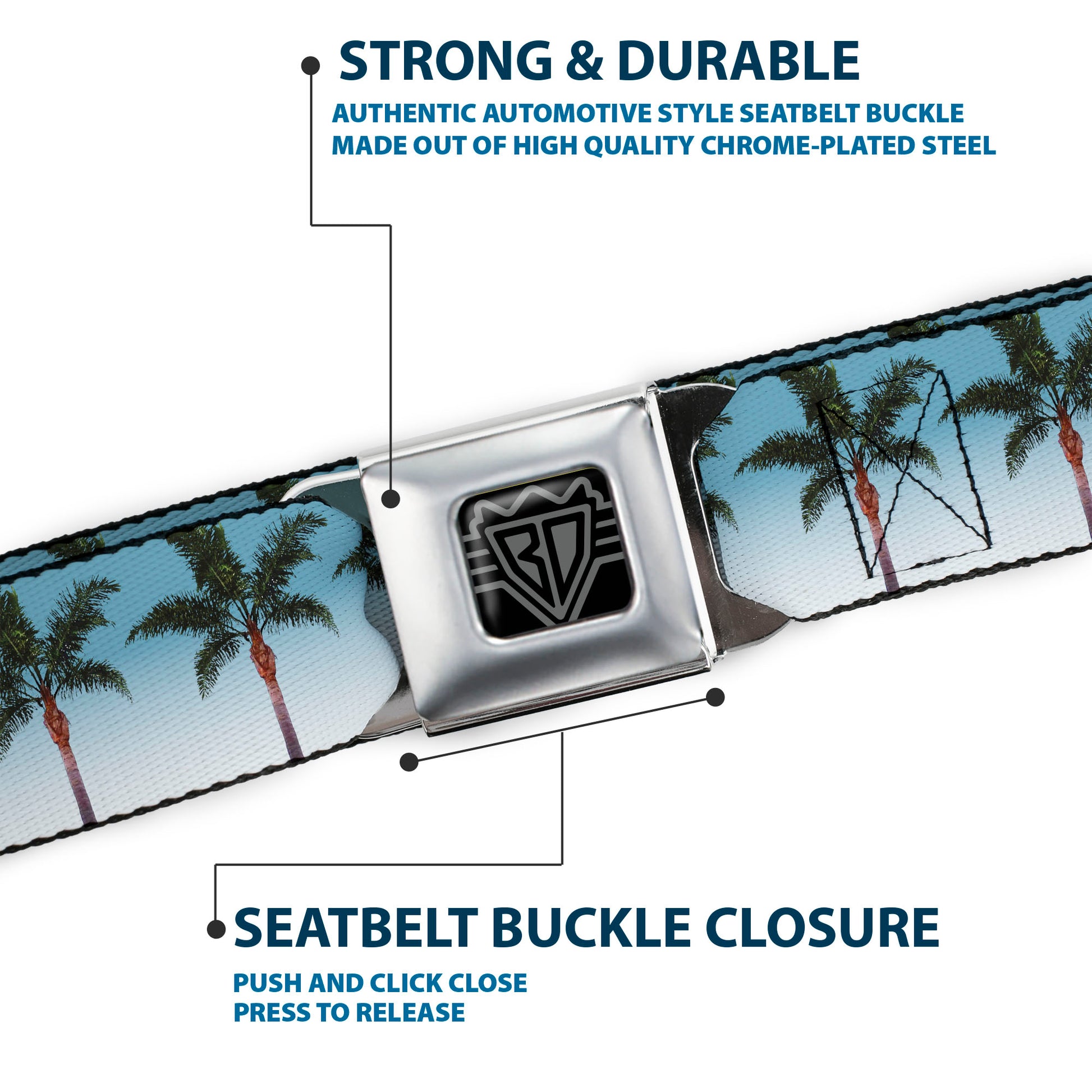BD Wings Logo CLOSE-UP Black/Silver Seatbelt Belt - Palm Tree Skyline Webbing Seatbelt Belts Buckle-Down