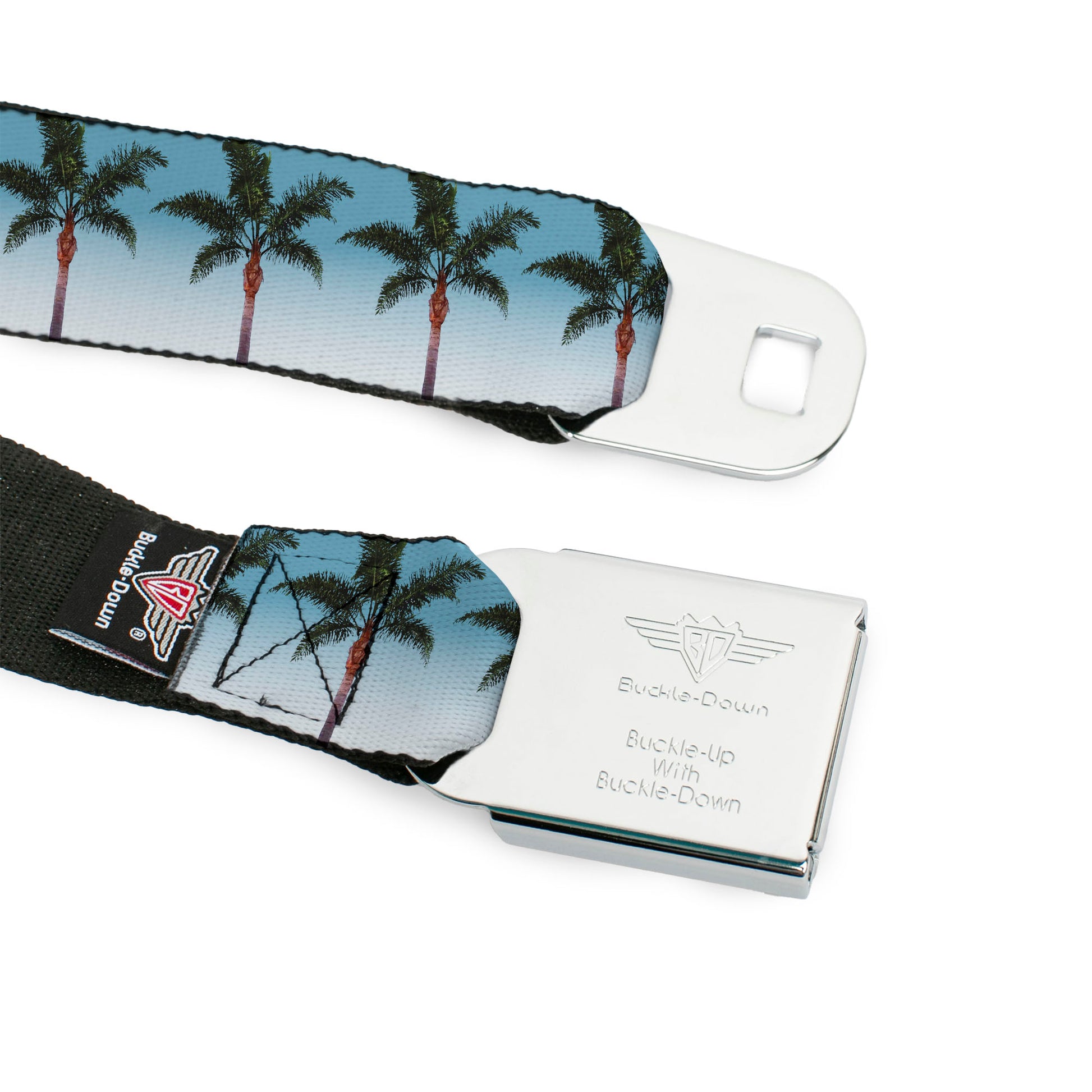 BD Wings Logo CLOSE-UP Black/Silver Seatbelt Belt - Palm Tree Skyline Webbing Seatbelt Belts Buckle-Down