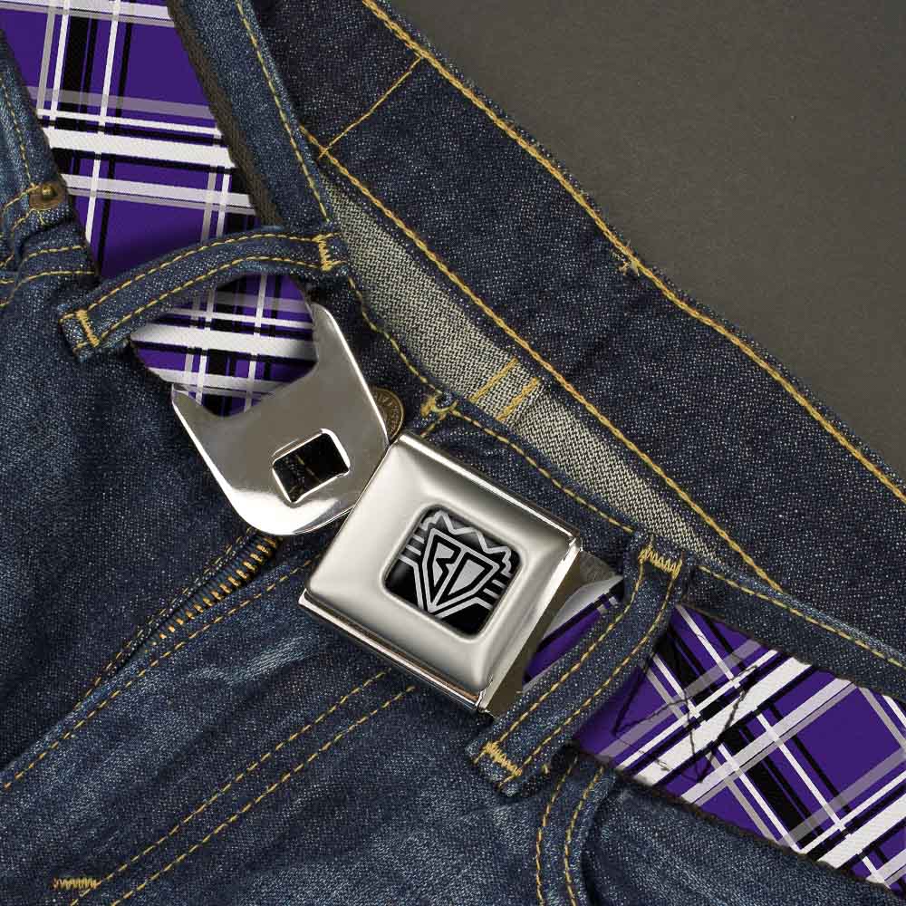 BD Wings Logo CLOSE-UP Full Color Black Silver Seatbelt Belt - Plaid X2 Purple/Gray/White/Black Webbing Seatbelt Belts Buckle-Down